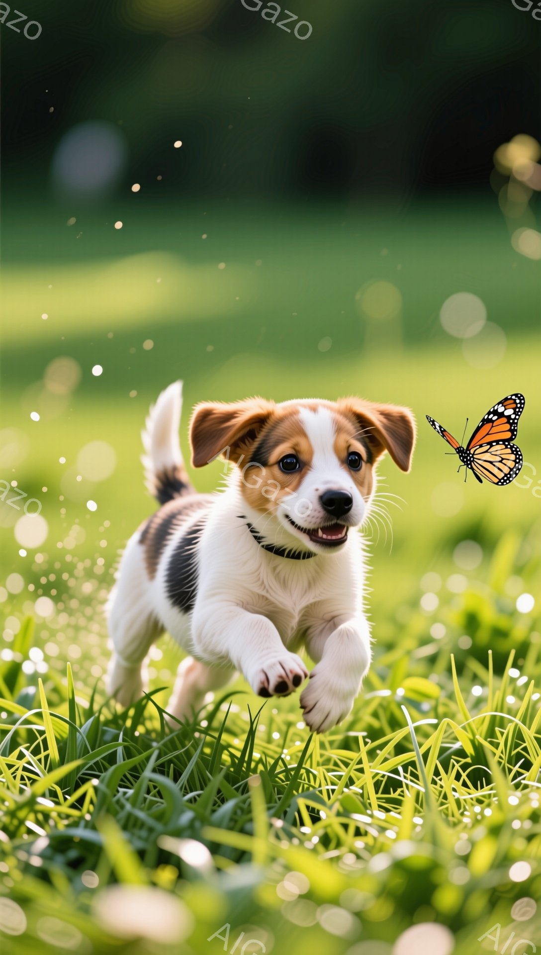 明るい緑の草の上を、子犬が蝶を追いかけて走っている。子犬は白い毛並みに茶色と黒の斑点があり、活発で楽しそう。背景はぼやけており、暖かい日差しが降り注ぐ穏やかな雰囲気である。 - AI生成フリー素材