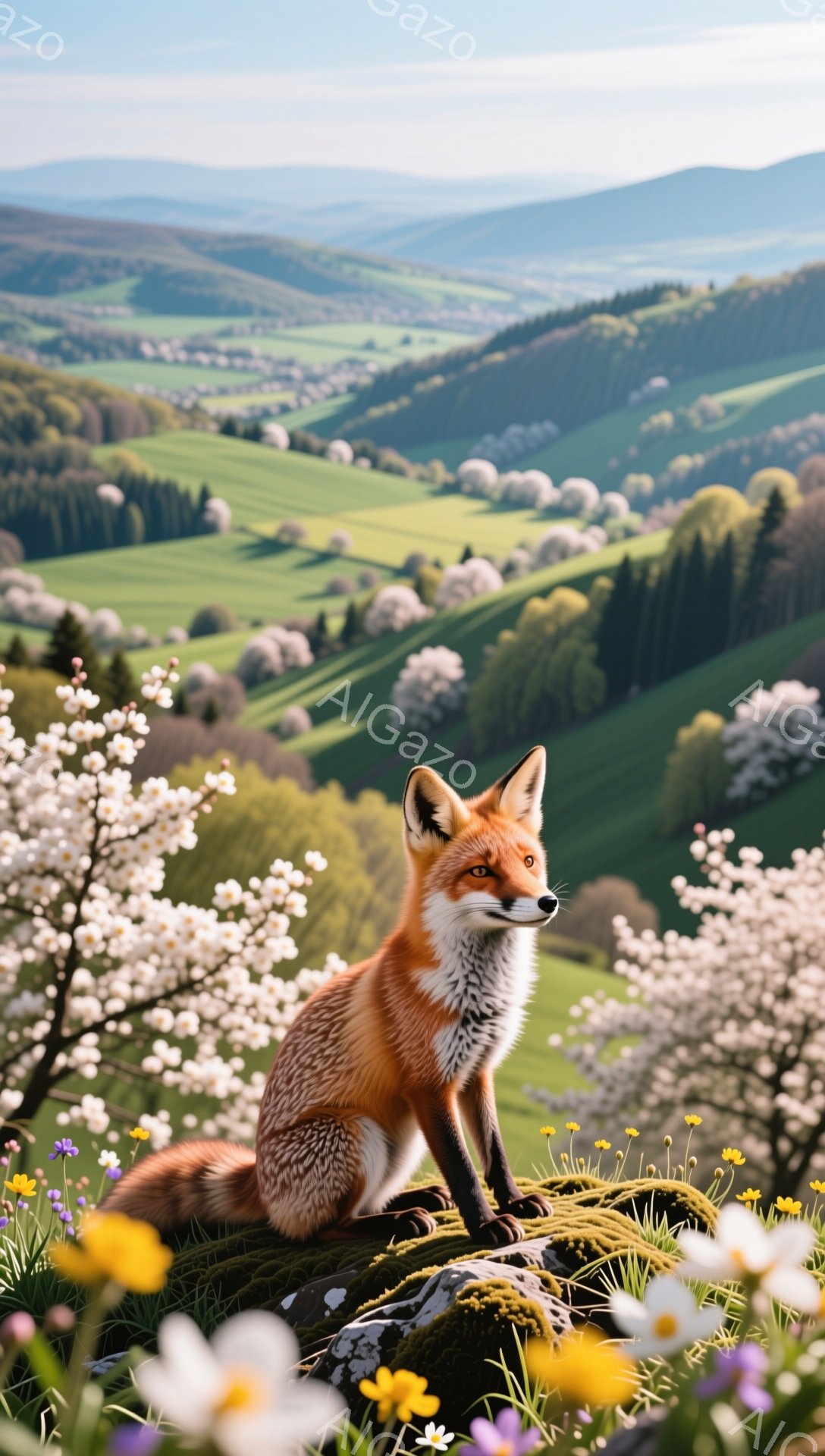 緑豊かな丘の上に、美しい毛並みのキツネが座って遠くを見つめています。背景には春の白くてふわふわした花々が咲き乱れ、穏やかで平和な雰囲気を醸し出しています。太陽の光が柔らかく降り注ぎ、鮮やかな自然の色彩 - AI生成フリー素材