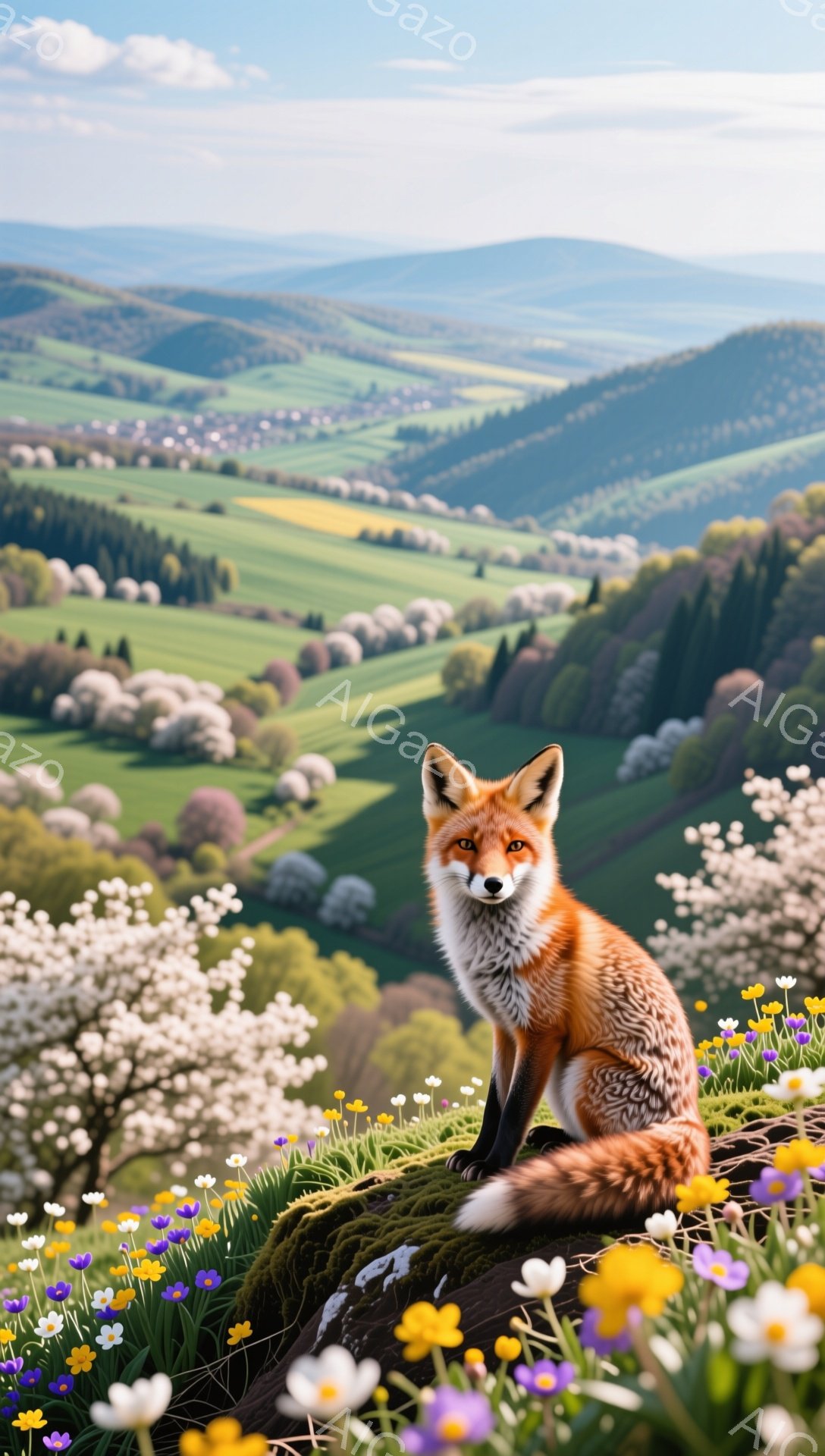 明るい緑の丘の上に、鮮やかなオレンジ色のキツネが座ってこちらを見ています。背景には、春の穏やかな日差しが差し込む緑豊かな風景が広がり、所々に白い花が咲き乱れています。キツネの周りには、紫や黄色の小さな - AI生成フリー素材