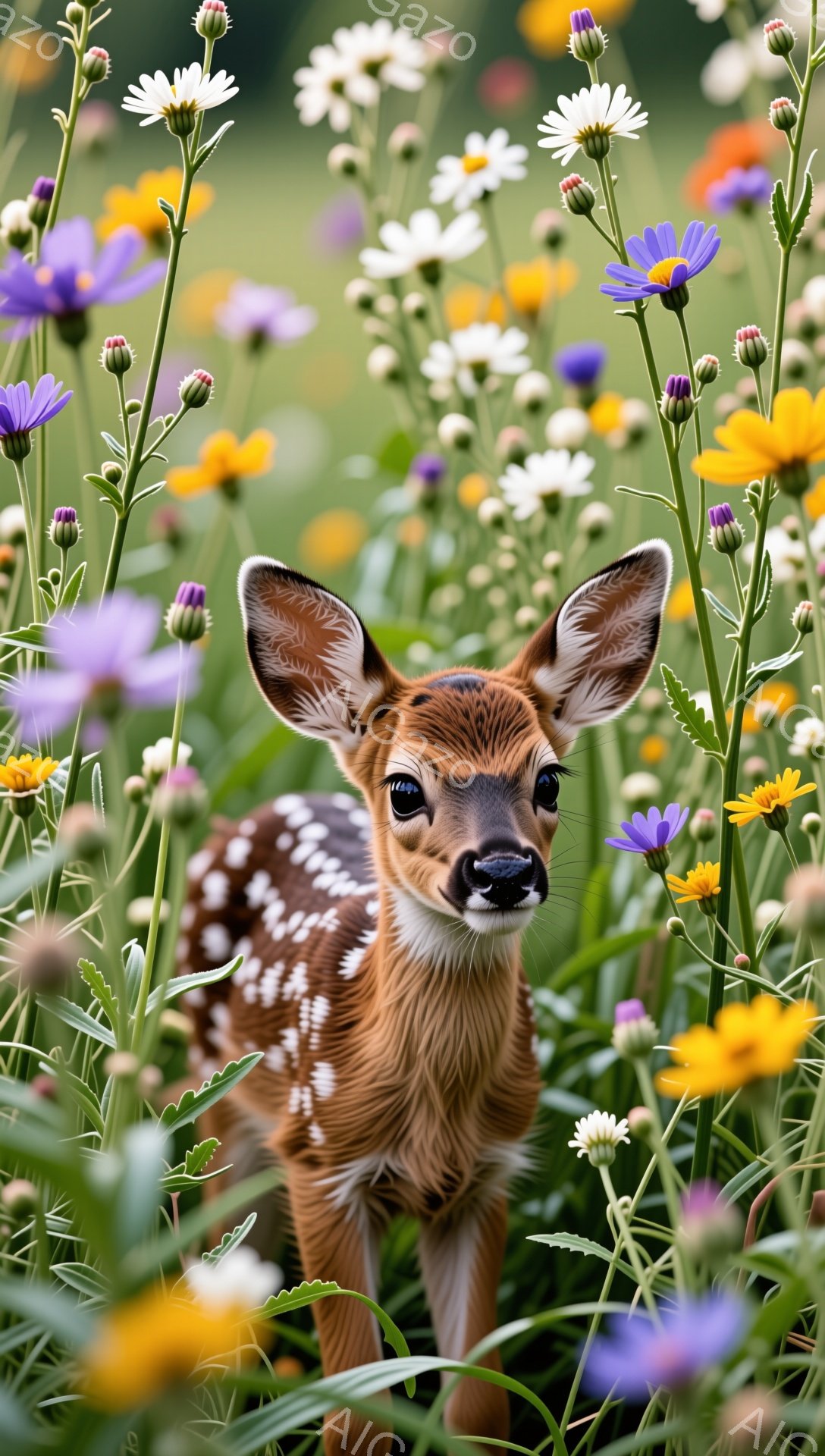 可愛らしい子鹿が花畑の中でこちらを見ている。周囲には鮮やかな色の花々が咲き乱れ、暖かく穏やかな雰囲気が漂う。背景はぼやかしており、鹿が際立っている。 - AI生成フリー素材