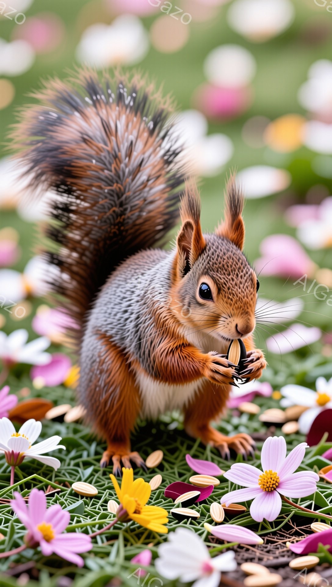 リスが花畑の中で種を食べている。毛並みが美しく、ふっくらとした頬が可愛らしい。背景にはピンクや黄色の花が咲き乱れ、春の暖かさと生命力に満ちた雰囲気である。 - AI生成フリー素材