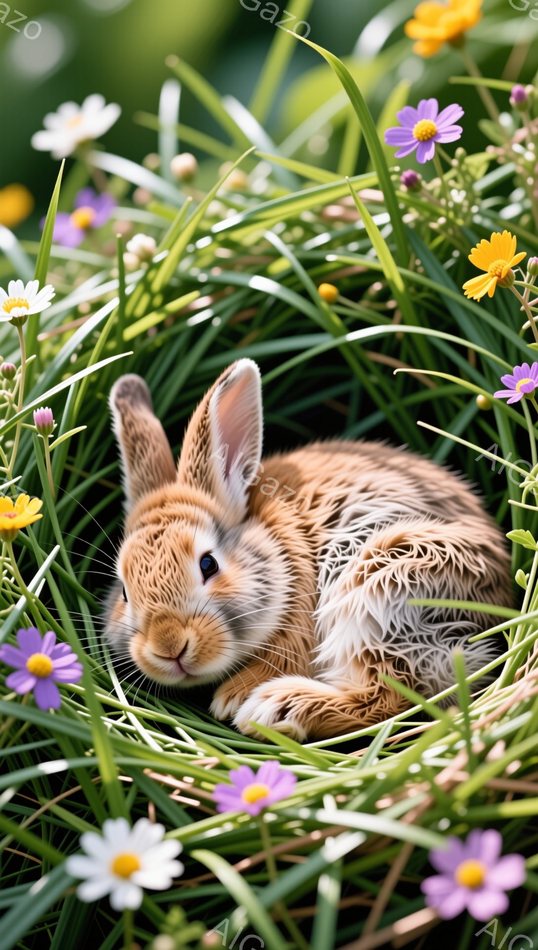 小さな茶色のウサギが緑の草と紫と黄色の花の中に隠れて座っています。ウサギはリラックスした表情で、丸まって休んでいるようです。柔らかい自然光が、穏やかで平和な雰囲気を醸し出しています。 - AI生成フリー素材
