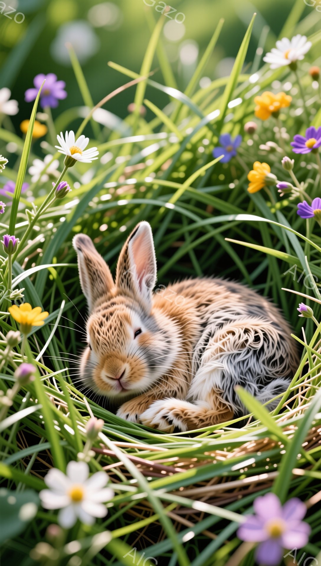 緑豊かな草の中で、子ウサギが丸まって眠っています。周りには可愛らしい野花が咲き乱れ、穏やかな春の日の雰囲気を醸し出しています。ウサギの毛並みは柔らかく、安らかな表情をしています。