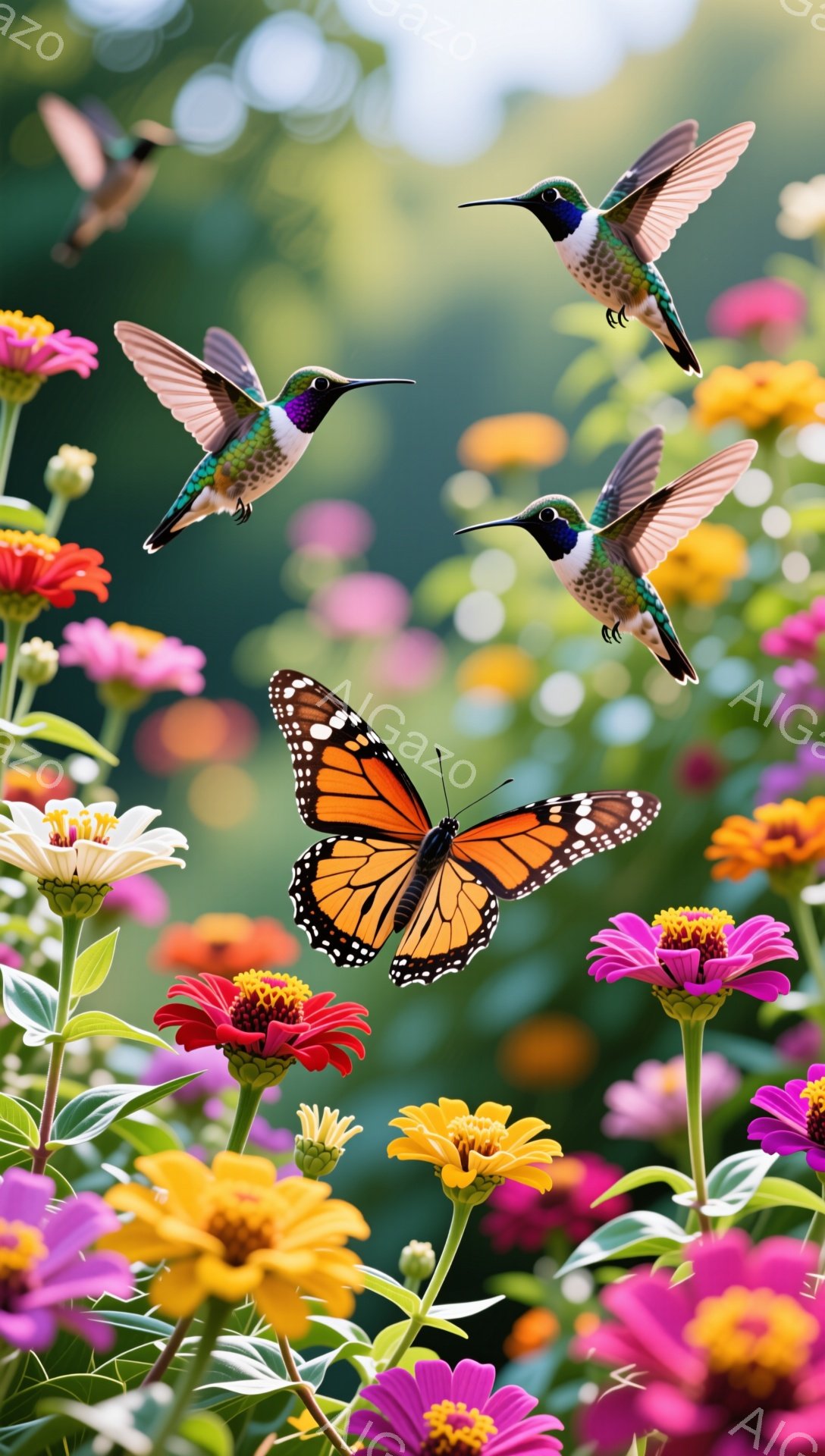 色とりどりの花々が咲き乱れる中に、数羽のハチドリと一匹の蝶が舞っている。ハチドリは鮮やかな緑と紫色の羽を持っており、花の蜜を求めて活発に飛び回っている。背景は緑豊かな自然で、暖かく穏やかな雰囲気を感じ - AI生成フリー素材
