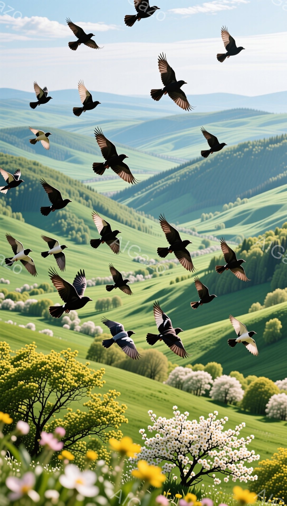 穏やかな丘陵地帯を群れをなす鳥たちが舞っている。春の訪れを感じさせる緑豊かな風景と、白い花や黄色の花が咲き乱れる様子が印象的だ。空には太陽の光が降り注ぎ、平和で希望に満ちた雰囲気が漂っている。