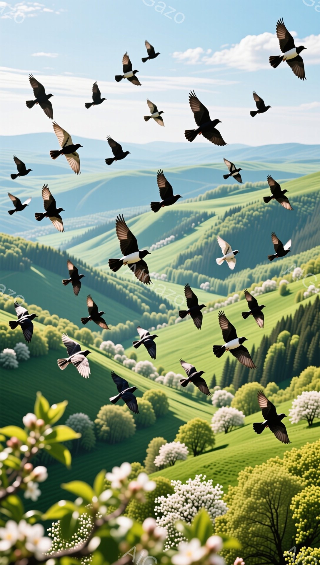 広大な緑の丘陵地帯を、たくさんの鳥たちが群れをなして飛んでいる。白い花を咲かせた木々が手前にあり、春の暖かな日差しを感じさせる穏やかな光景である。空は青く、背景には遠くの山々がぼんやりと見える。 - AI生成フリー素材
