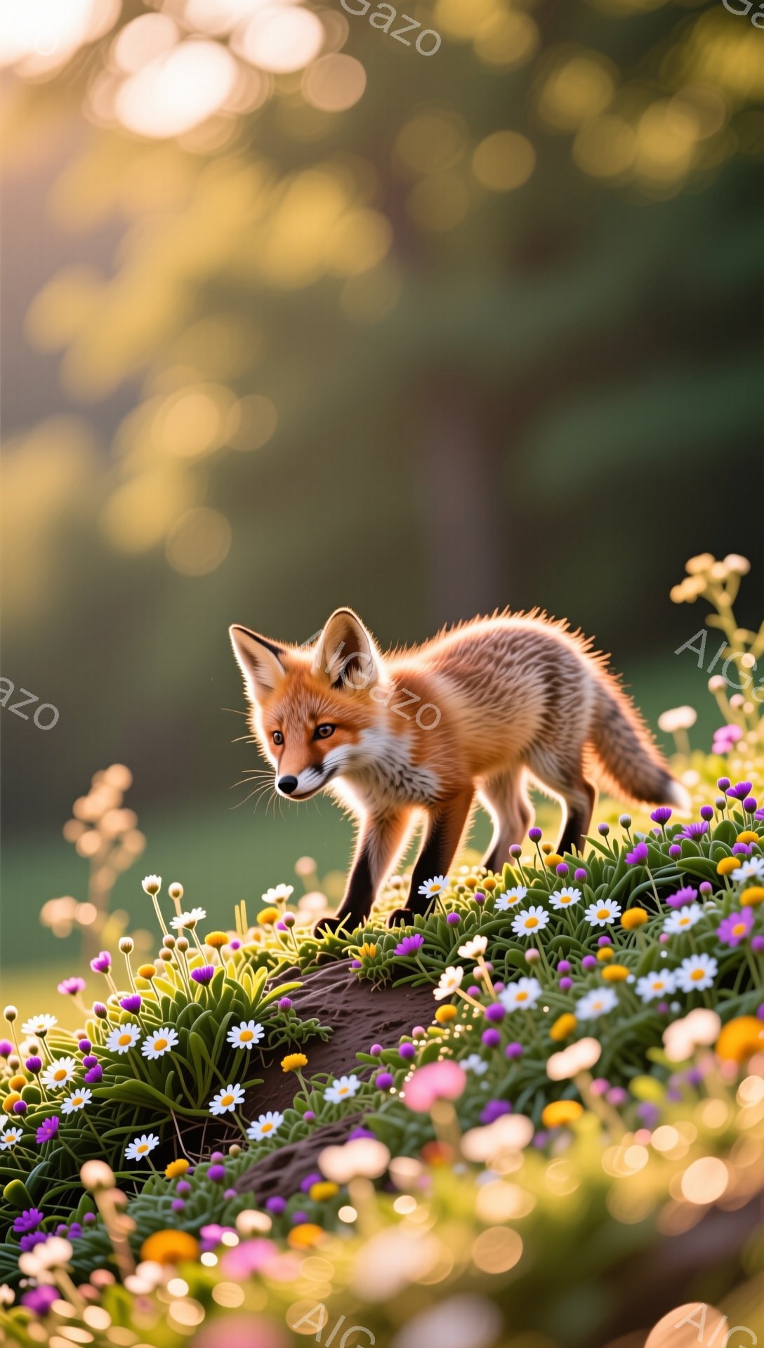 明るい日差しの中で、オレンジ色のキツネが花畑を歩いています。キツネは草の中に隠れるようにして、何かを探しているようです。背景は緑豊かで、柔らかい光が全体を包み込んでいます。 - AI生成フリー素材