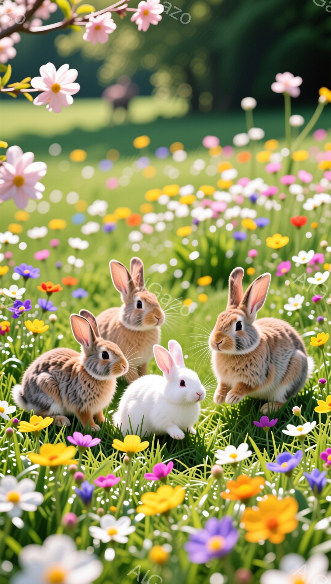広野に咲き乱れる花々の中に、可愛らしい子ウサギたちが集まっている。茶色のウサギ二匹と白いウサギ一匹が、好奇心旺盛な表情でこちらを見つめている。春の暖かな日差しが降り注ぎ、穏やかで平和な雰囲気が漂っている。