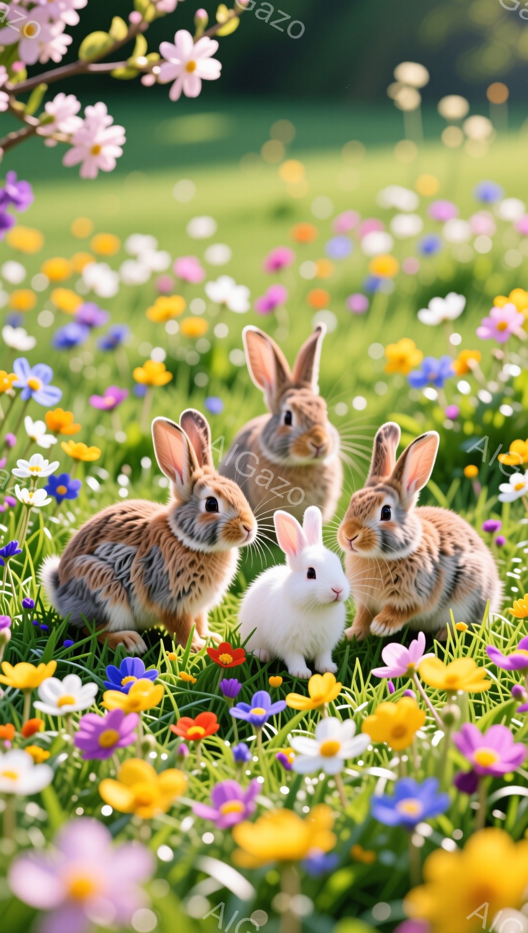 花畑の中で、三匹のウサギが寄り添って座っています。茶色と白の毛並みが鮮やかで、好奇心旺盛な表情をしています。背景には色とりどりの花が咲き乱れ、春の暖かな雰囲気が漂っています。 - AI生成フリー素材