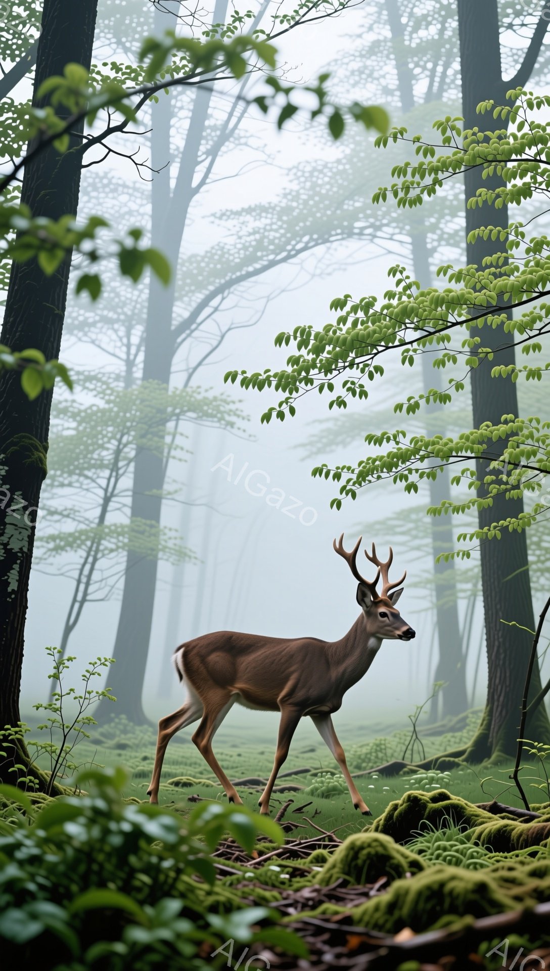 霧深い森の中で雄鹿が立っている。緑豊かな植物が周囲に広がり、光が差し込むことで幻想的な雰囲気が漂う。鹿は静かに前を見据え、自然との調和を感じさせる。