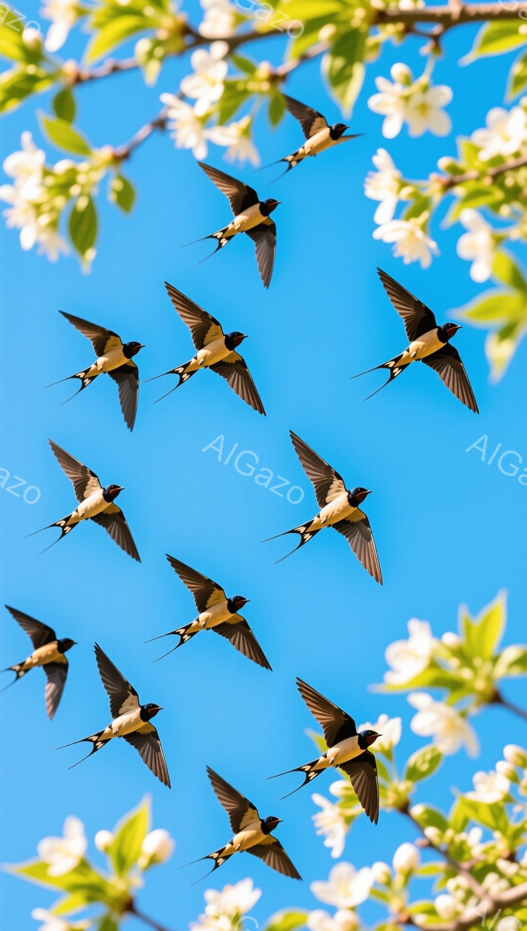 青空を背景にツバメが群れで飛んでいる。桜の花びらが舞い散り、春の暖かく穏やかな雰囲気を醸し出している。光と影のコントラストが美しく、躍動感に満ちた瞬間を捉えている。 - AI生成フリー素材