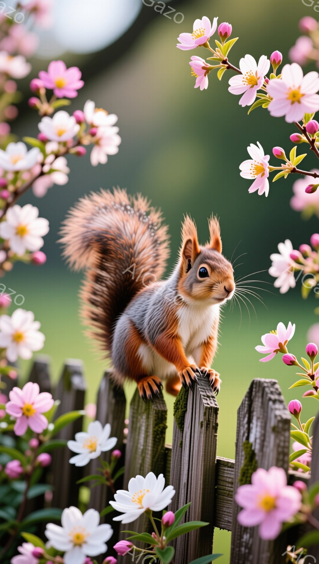 赤い毛並みのリスが、古びた木の柵にとまっている。周囲にはピンクと白の可愛らしい花が咲き乱れ、春らしい穏やかな雰囲気を醸し出している。鮮やかな毛並みと、好奇心旺盛な表情が印象的だ。