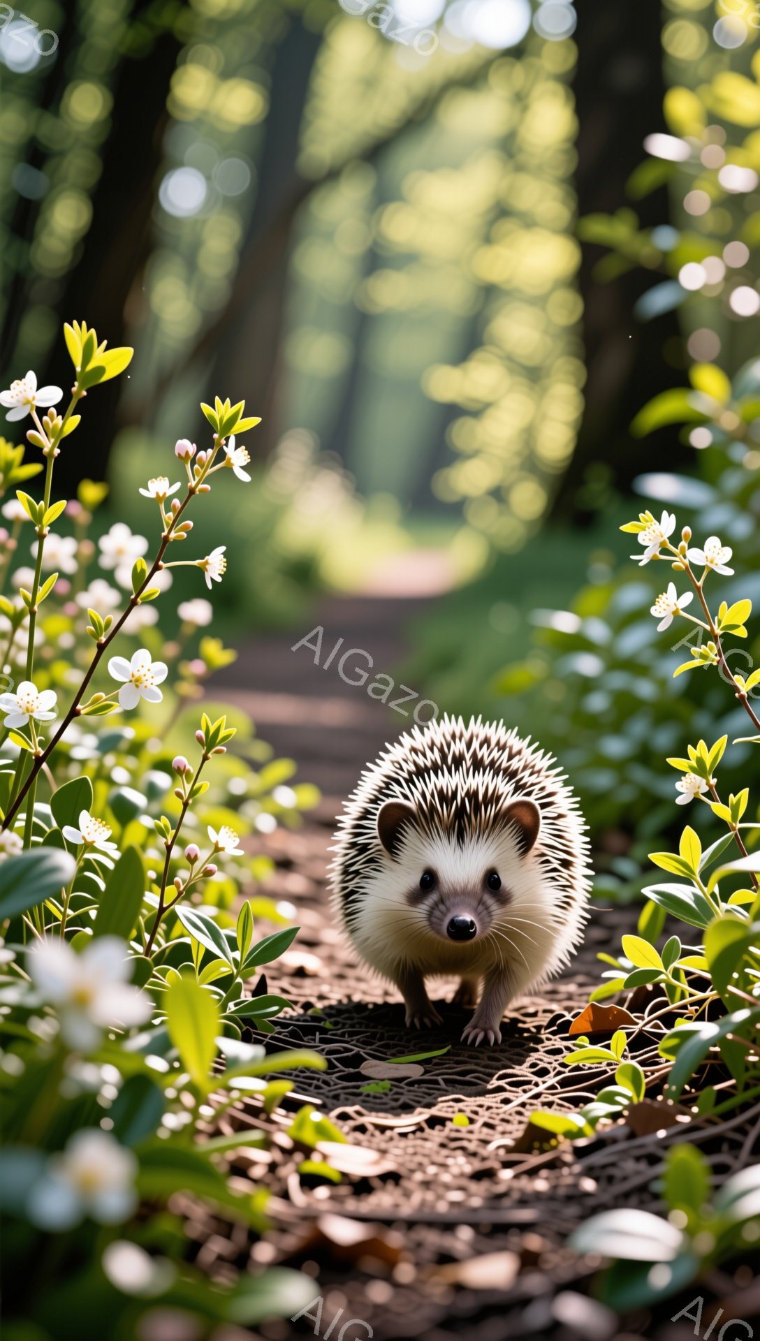 明るい森の中で、ハリネズミが白い花に囲まれて立っています。その姿は可愛らしく、好奇心旺盛な表情で前方を見つめています。背景は緑豊かで、光が差し込み、穏やかな雰囲気を醸し出しています。