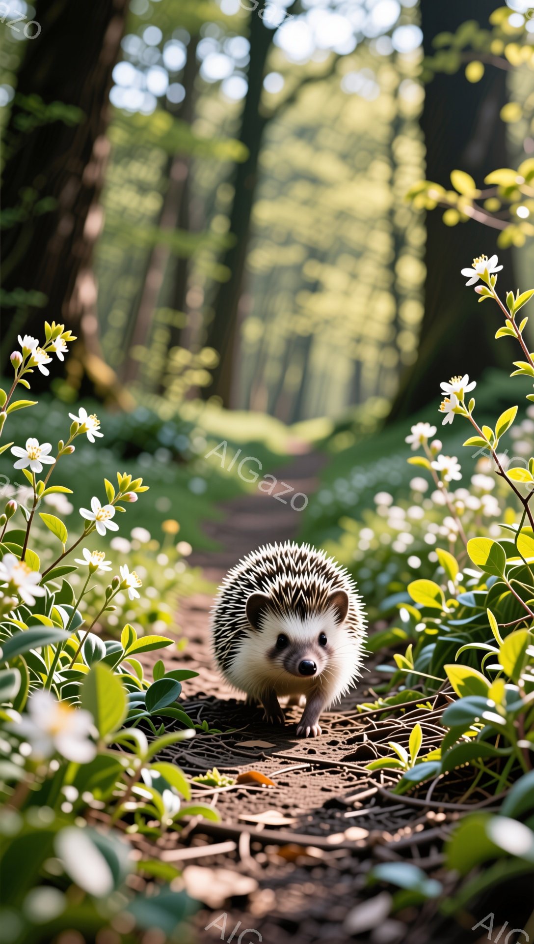 小さなハリネズミが花盛りの森の道を進んでいる。緑豊かな葉と白い花に囲まれ、暖かく穏やかな雰囲気を感じさせる。光が差し込み、森の奥へと続く道が幻想的だ。 - AI生成フリー素材
