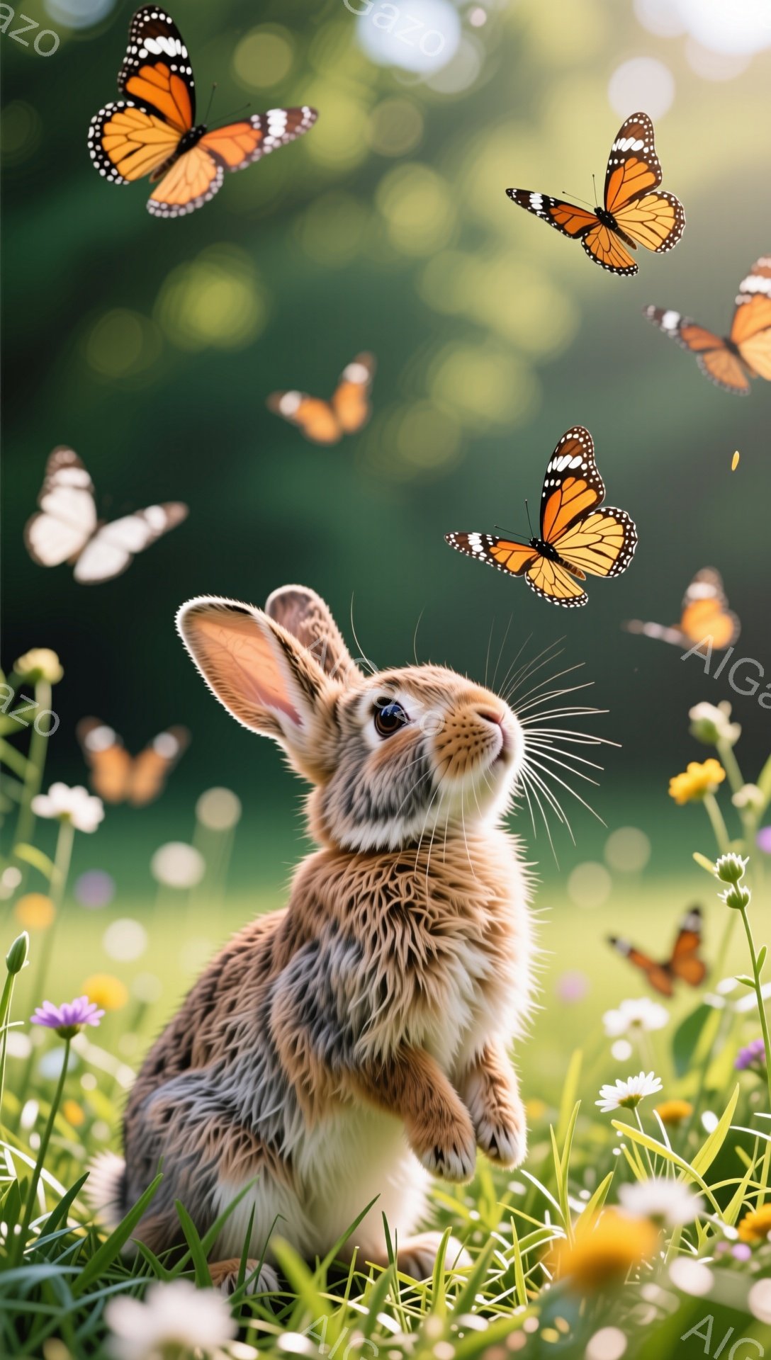 緑豊かな草むらの中で、小さなウサギが立ち上がって何かを見つめている。周囲にはオレンジ色の蝶が舞い、春の穏やかな雰囲気を醸し出している。ウサギの毛並みは細かく、光の加減で温かく柔らかい印象を与えている。 - AI生成フリー素材