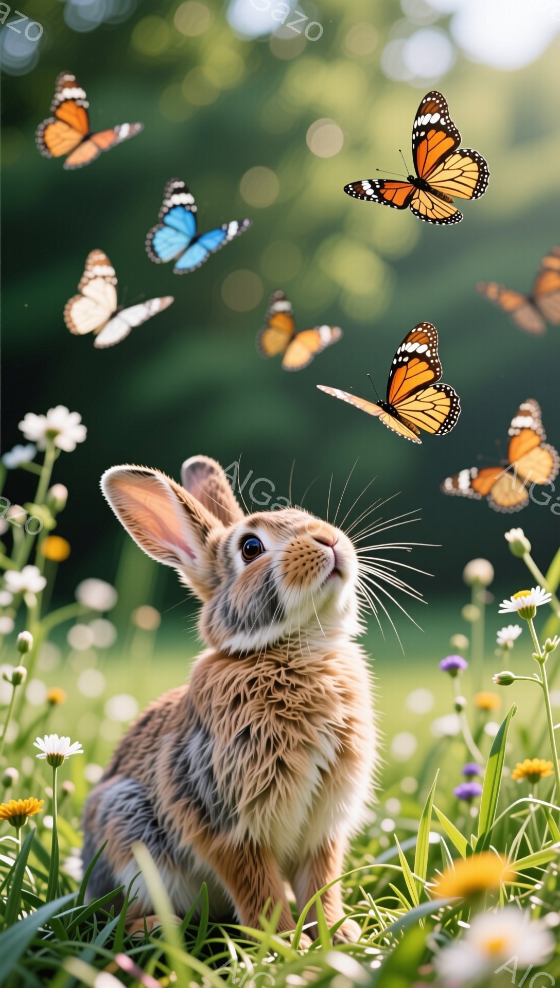 緑豊かな草むらに座る、可愛らしい茶色のウサギが、鮮やかな蝶を追いかけるように見上げている。光が差し込む背景は、春らしい暖かく穏やかな雰囲気を醸し出している。花々が咲き乱れ、自然の美しさを際立たせている。