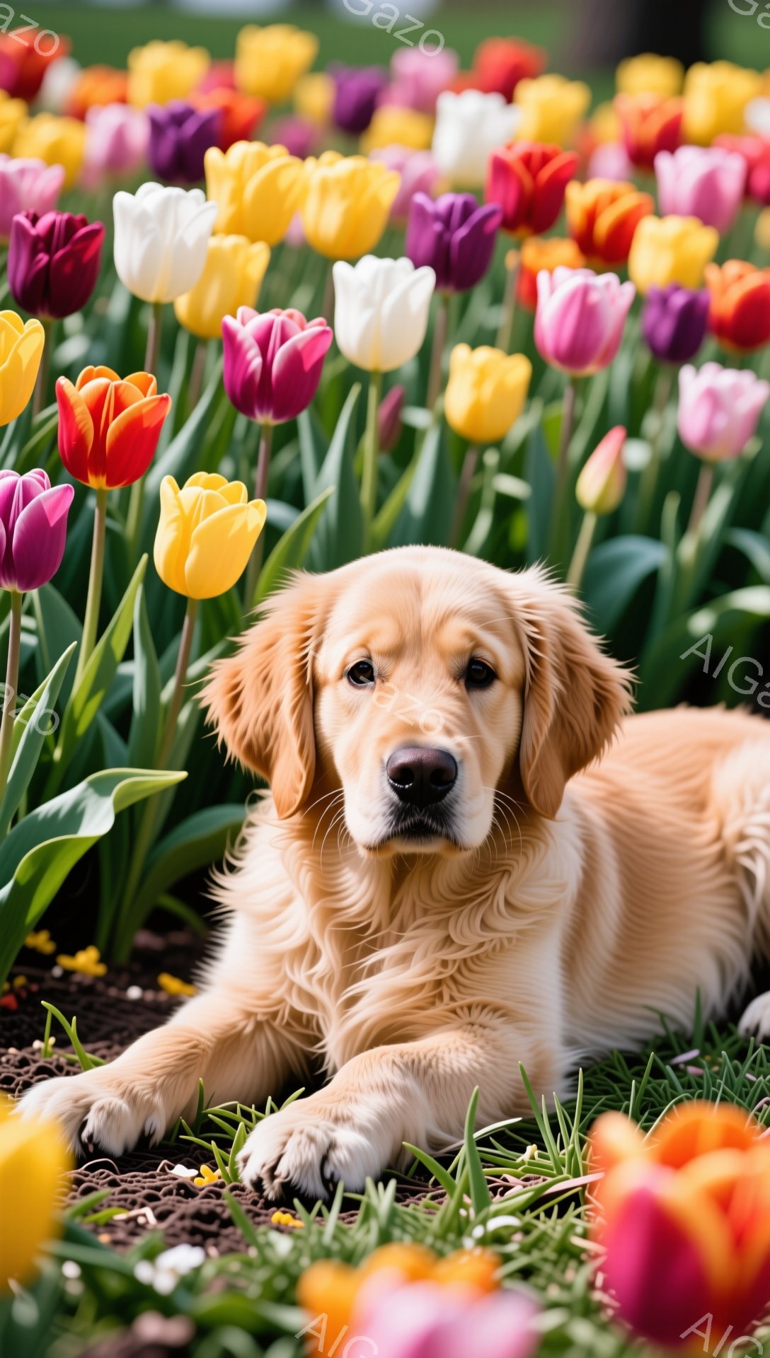 明るい緑の芝生と色とりどりのチューリップ畑で、ゴールデンレトリバーがリラックスして横たわっています。穏やかな表情でカメラを見つめ、優しい光に包まれています。春らしい暖かく幸せな雰囲気を感じさせる一枚です。