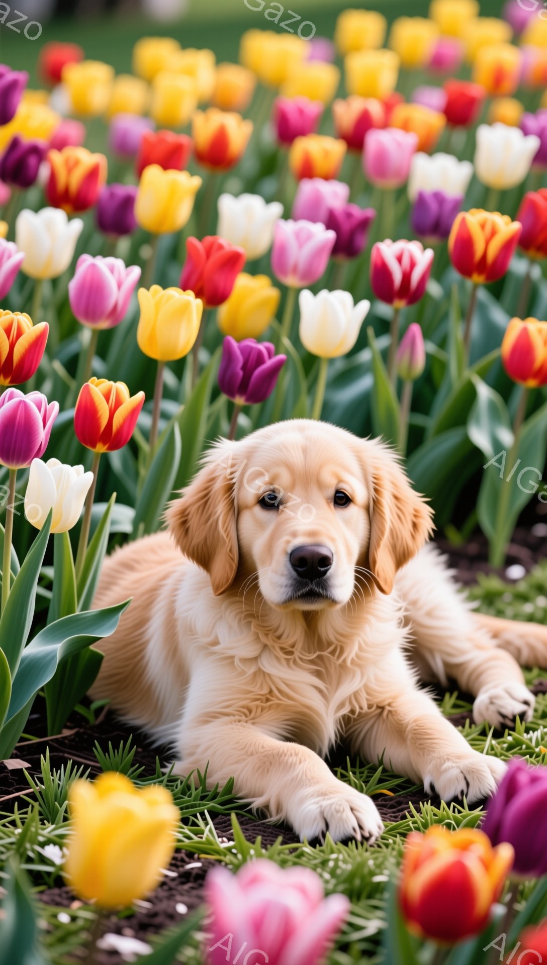 美しいチューリップ畑の中に、ゴールデンレトリバーの子犬が横たわっています。子犬はリラックスした様子で、穏やかな表情を浮かべています。鮮やかな花々と優しい光が、暖かく平和な雰囲気を醸し出しています。 - AI生成フリー素材