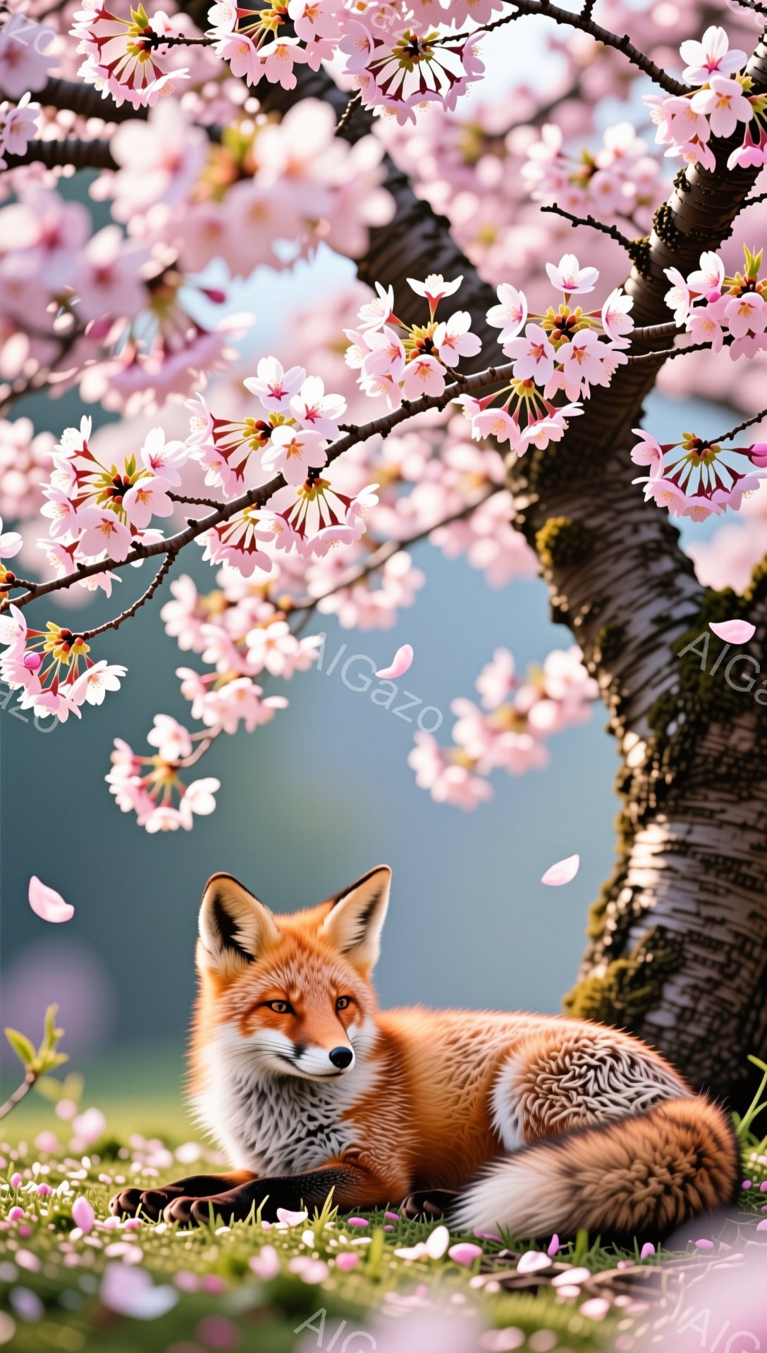 鮮やかなオレンジ色のキツネが、桜の木の下の緑の草の上に横たわっています。桜の花びらが舞い散り、穏やかで春らしい雰囲気が漂います。キツネはリラックスした様子で、穏やかな表情をしています。 - AI生成フリー素材