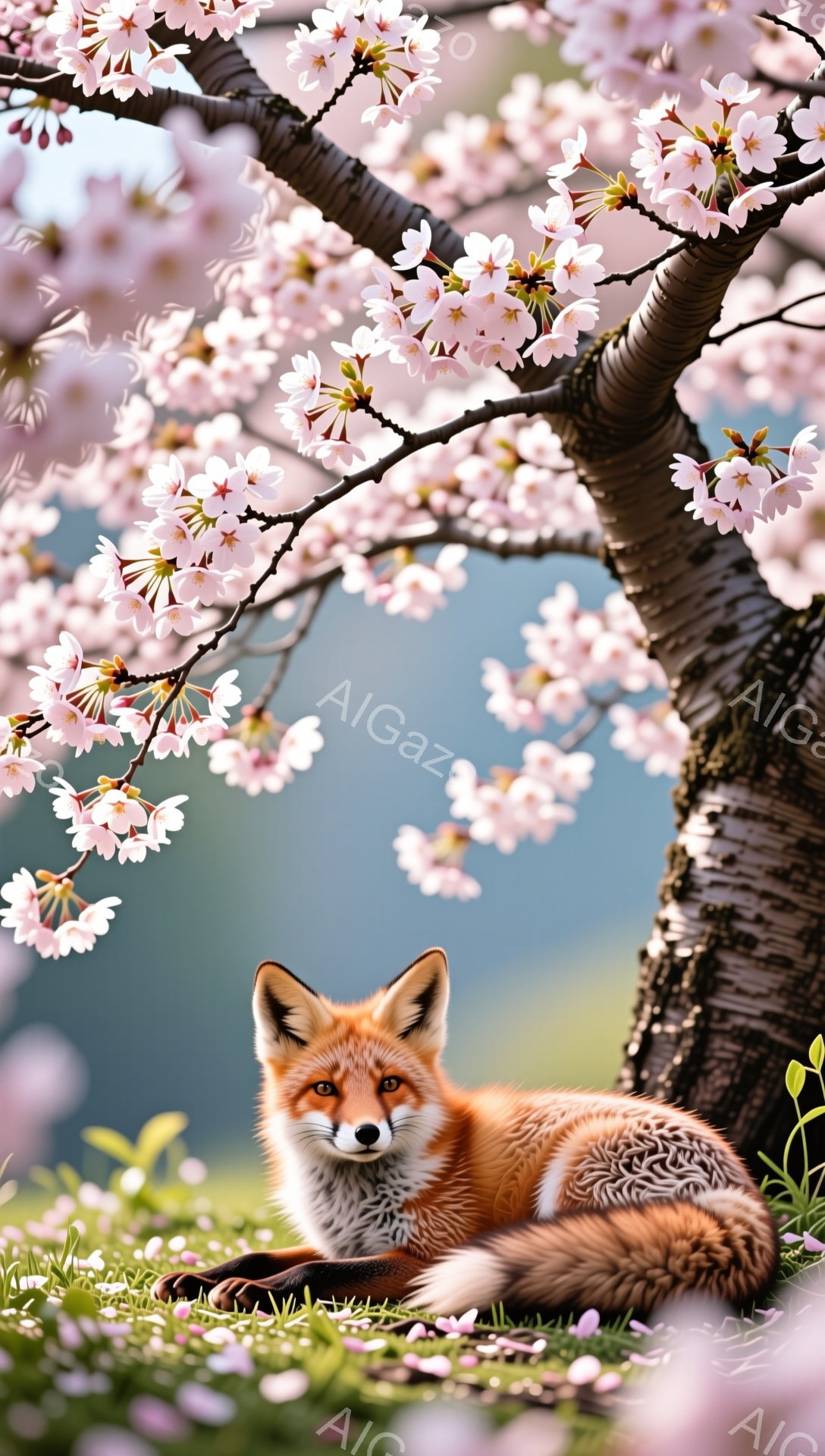 桜の花びらが舞い散る草原で、毛並みの美しい狐が安らかに横たわっています。ピンク色の花々と緑の草が、穏やかで春らしい雰囲気を醸し出しています。太陽の光が柔らかく差し込み、暖かな印象を与えます。