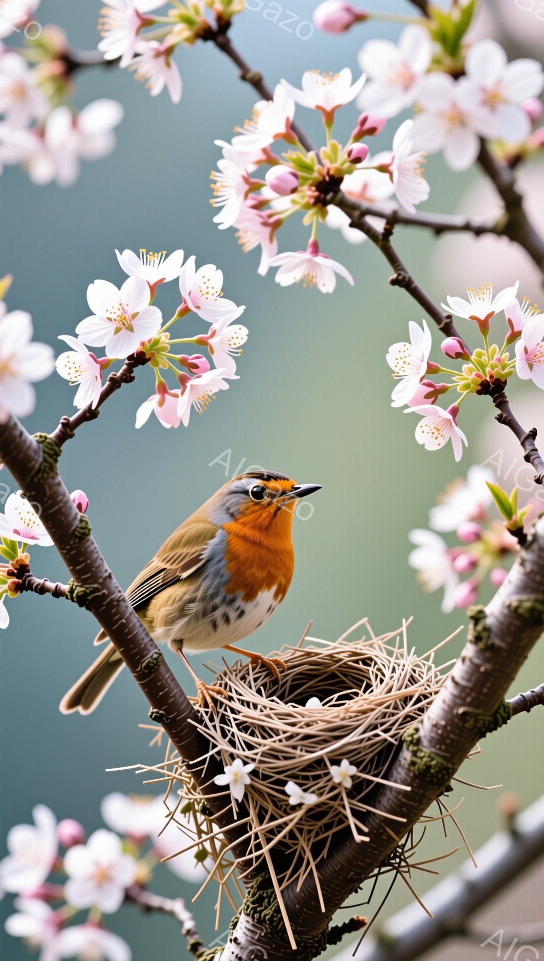 桜の枝に可愛らしい赤い胸を持つ鳥が止まっています。巣は枝にしっかりと固定され、春の訪れを感じさせる穏やかな雰囲気です。背景にはぼやけた桜の花が咲き乱れ、鳥の鮮やかな色彩を際立たせています。