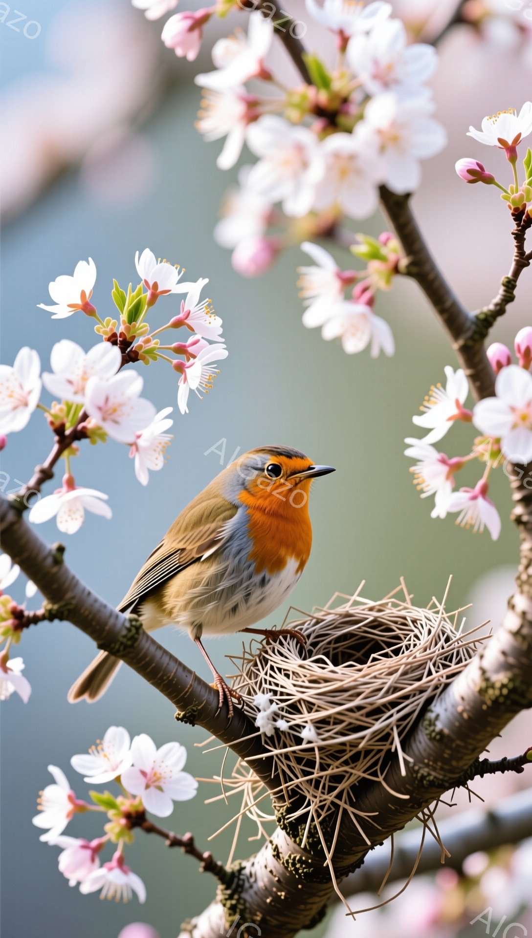 桜の木の枝に赤い腹を持つ鳥が止まっており、近くには巣がある。桜の花が咲き乱れ、春の暖かさと穏やかな雰囲気を醸し出している。鳥は巣を守り、春の訪れを告げているようだ。 - AI生成フリー素材