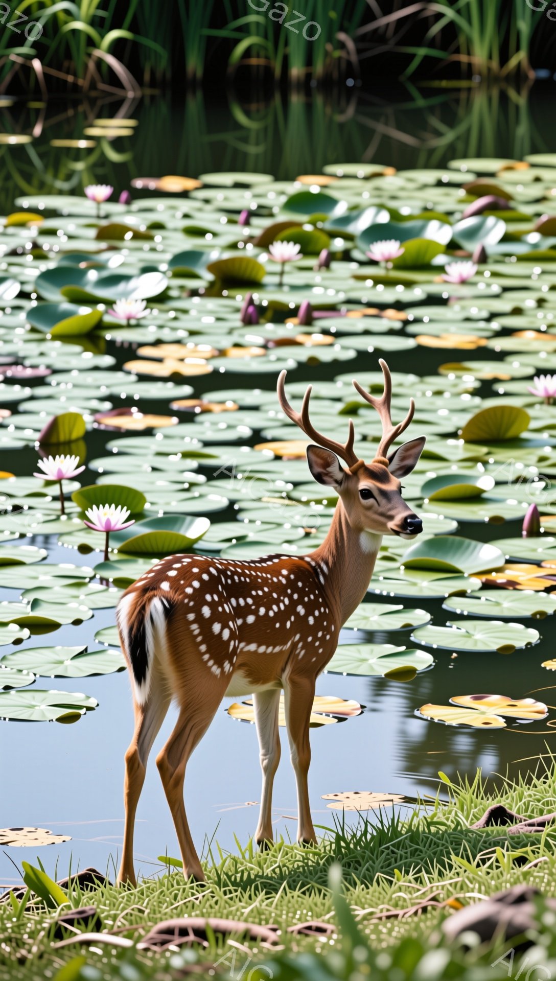 浅い水面に睡蓮が咲き乱れる池のほとりに、若い雄鹿が立っている。その姿は凛々しく、周囲の緑と水面のピンク色のコントラストが美しい。静かで穏やかな雰囲気が漂う自然の風景だ。