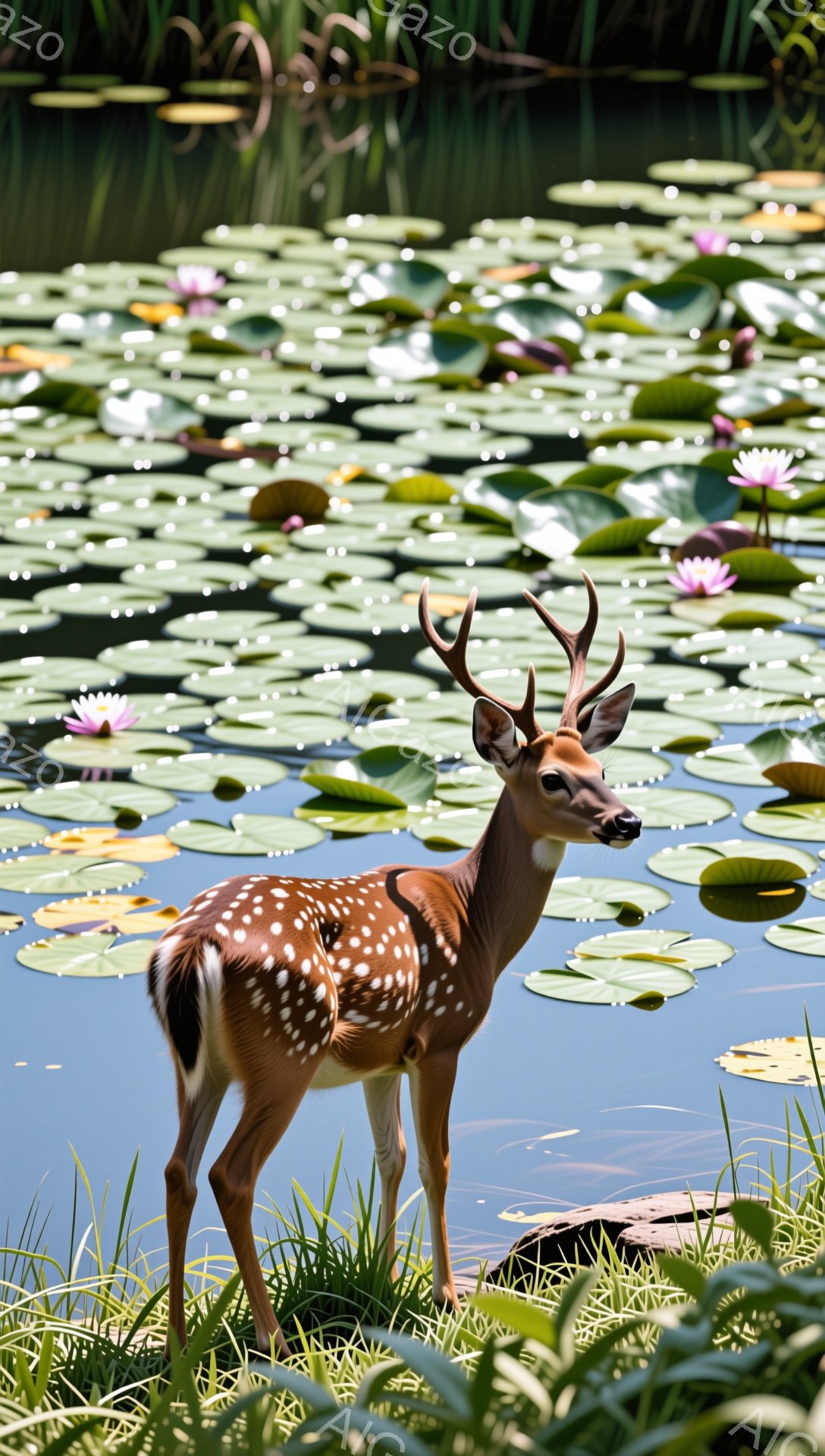 草原の中にいる若い雄のシカが写っています。シカは斑点模様があり、頭には小さな角が生えています。背景にはピンク色の蓮の花が咲き乱れ、水面を覆い、穏やかな夏の日の雰囲気を醸し出しています。