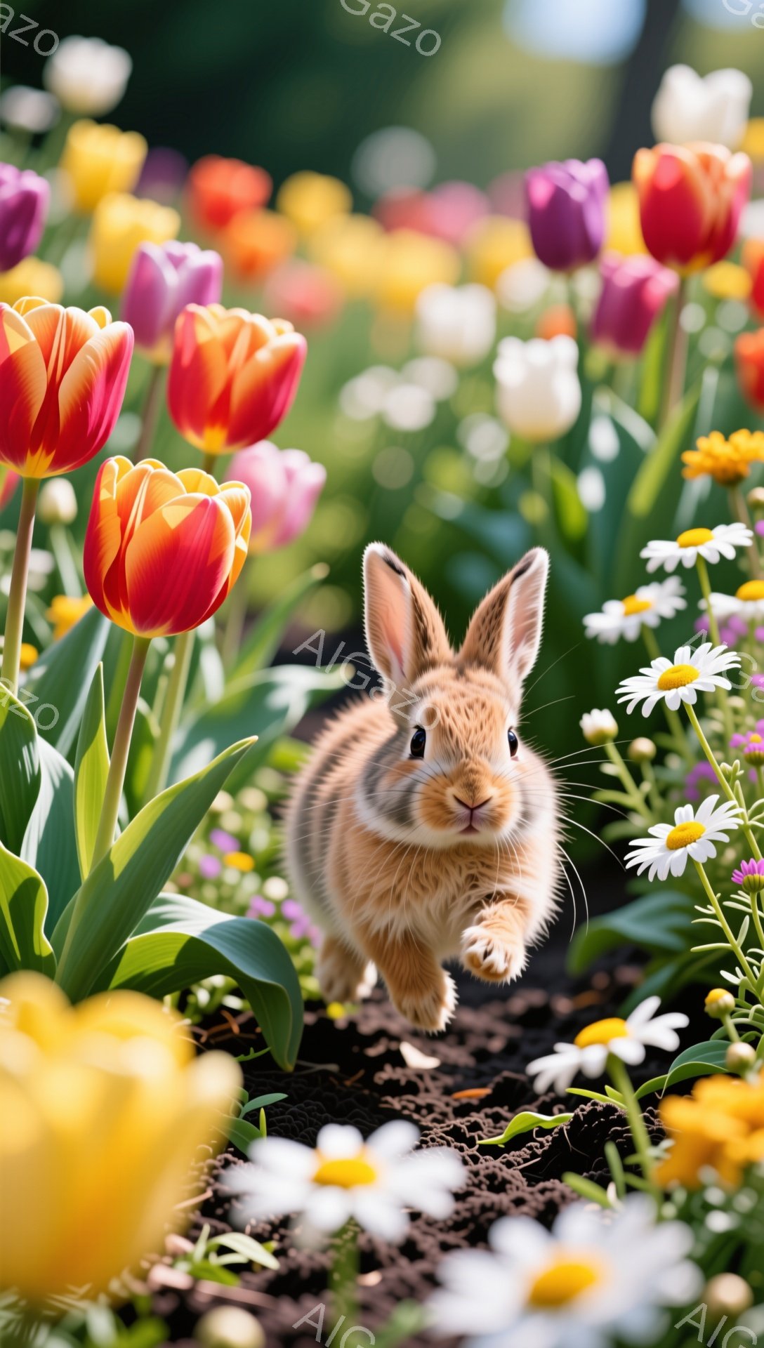 鮮やかなチューリップやデイジーの花畑を、可愛らしい子ウサギが駆けている。毛並みはふんわりとしており、つぶらな瞳が印象的だ。春の暖かく穏やかな雰囲気が伝わってくる。 - AI生成フリー素材