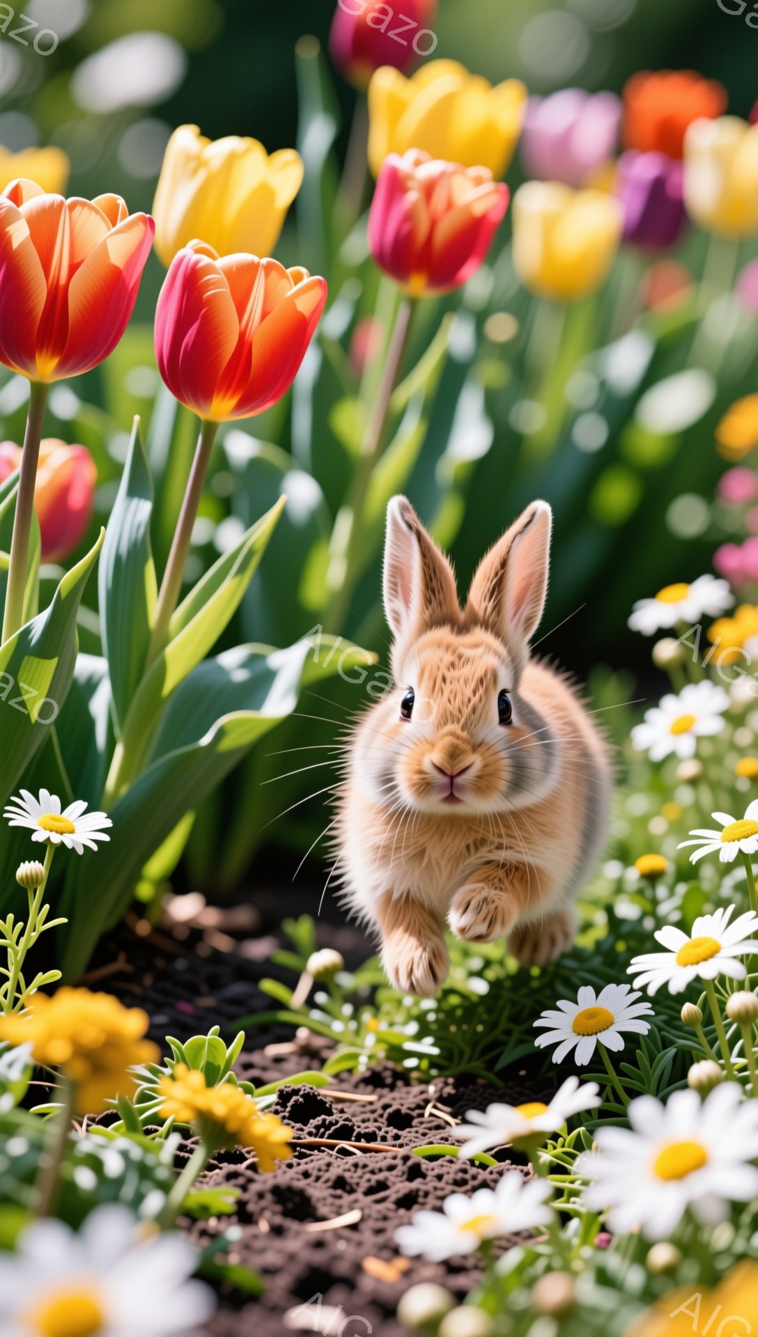 鮮やかなチューリップとデイジーが咲き乱れる花壇で、小さなオレンジ色のウサギがこちらに向かって歩いてくる。ウサギは可愛らしい表情で、春の暖かさと生命力を感じさせる。背景はボカシが入っており、ウサギと花が際立っている。