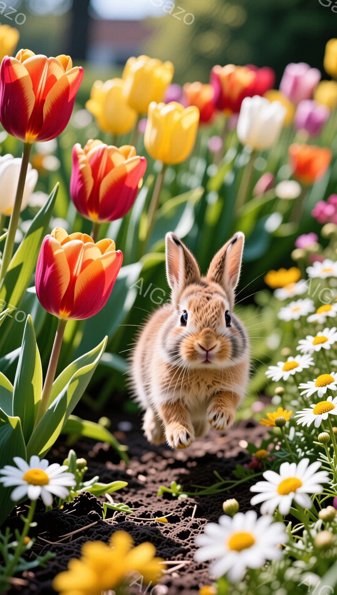 花壇の中を可愛らしい茶色のウサギが跳ねている様子が写っている。鮮やかなチューリップやデイジーが咲き乱れ、春の暖かく明るい雰囲気を演出している。ウサギはカメラに向かって好奇心旺盛に飛び跳ねており、その姿はとても愛らしい。