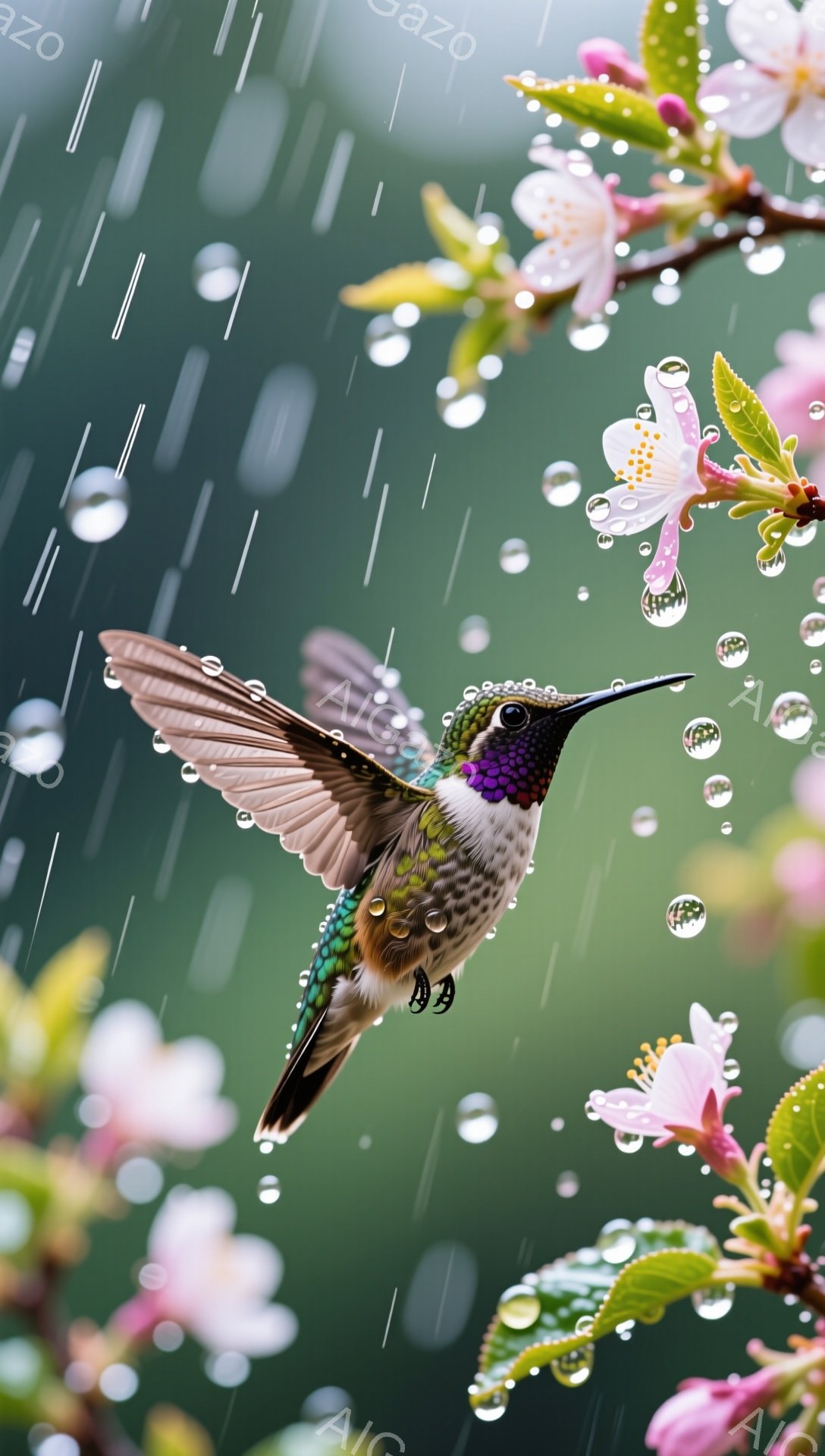 鮮やかな色彩のハチドリが、雨粒の中で翼を広げ、飛び交っています。ピンク色の花々が背景を彩り、雨に濡れてキラキラと輝いています。雨上がりの自然の美しさを捉えた、幻想的な光景です。