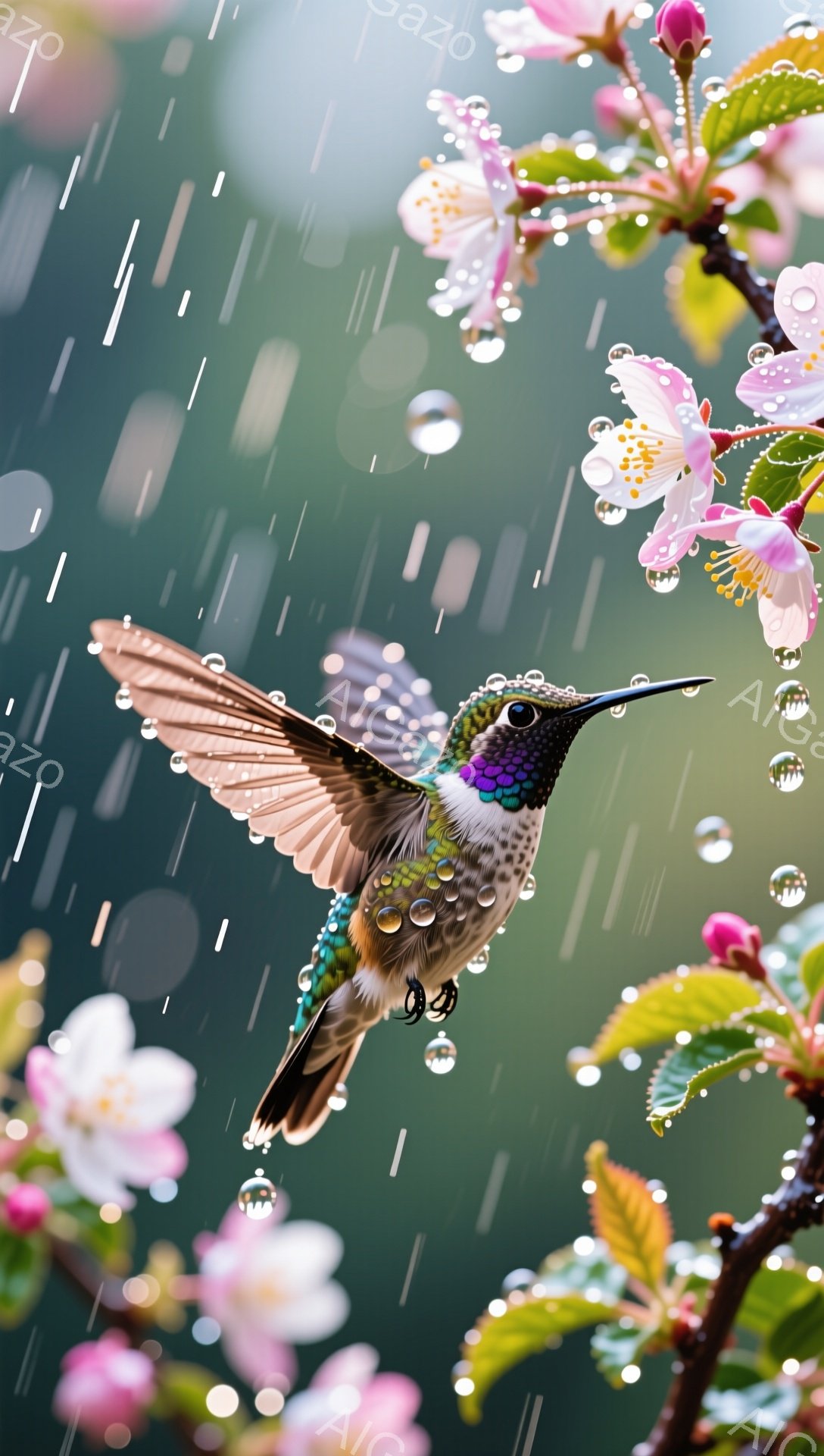 雨の中で、花びらと枝の間を飛び回るカラフルなハチドリが描かれています。緑色の背景にピンク色の花びらが散りばめられ、雨粒がキラキラと輝き、幻想的な雰囲気を醸し出しています。ハチドリの羽根は繊細に表現され、生き生きとした様子が伝わってきます。