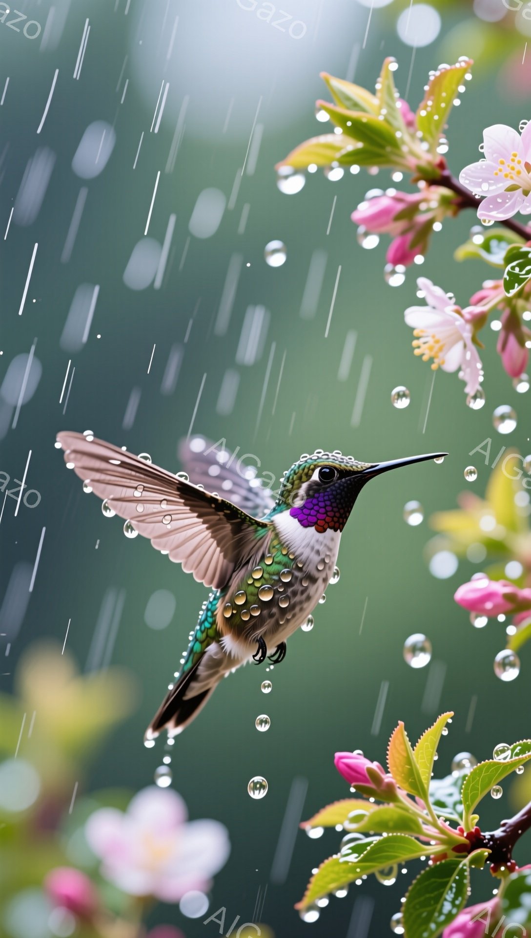 鮮やかな緑色のハチドリが、ピンク色の花々の間で羽ばたいている。雨粒が降り注ぎ、自然の美しさと生命力を感じさせる。背景は緑豊かで、春の訪れを告げているようだ。