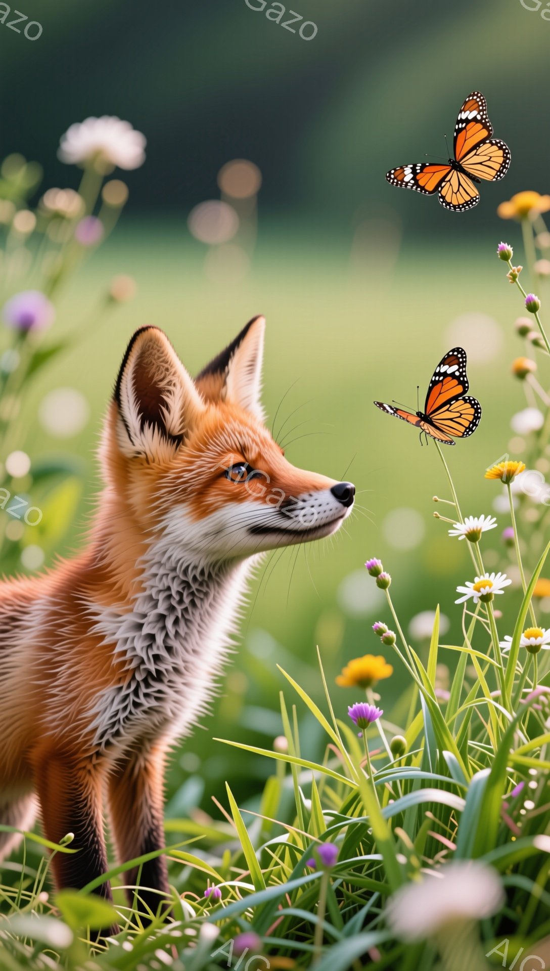 明るい緑の草むらの中で、子ギツネが紫や黄色の花の間から顔を出しています。モンシロチョウが子ギツネのそばを舞い、穏やかで自然な雰囲気を醸し出しています。毛並みは細かく、生き生きとした表情が可愛らしいです - AI生成フリー素材