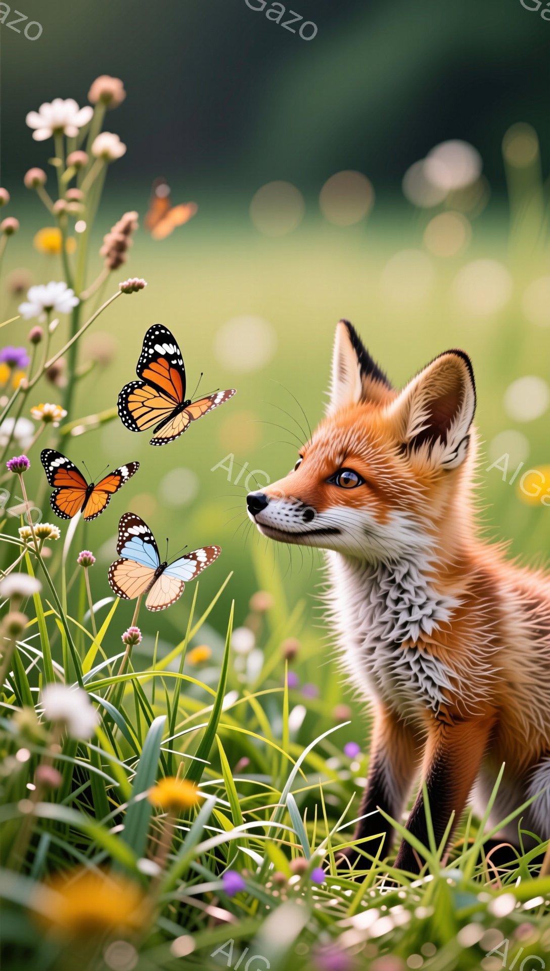 鮮やかな緑の草むらに、オレンジ色のキツネが蝶を追いかけている。キツネは好奇心旺盛な表情で、蝶を見つめている。背景には様々な野花が咲き、穏やかで自然豊かな雰囲気が漂っている。