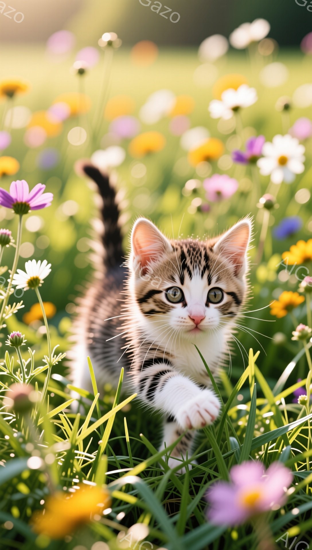 緑豊かな草原で子猫が遊び、まるで小さな狩人みたいに草むらを駆け抜けている。様々な野花が咲き乱れ、子猫の毛並みと鮮やかなコントラストを描いている。暖かく穏やかな雰囲気で、見る人を幸せな気持ちにさせるシーンだ。