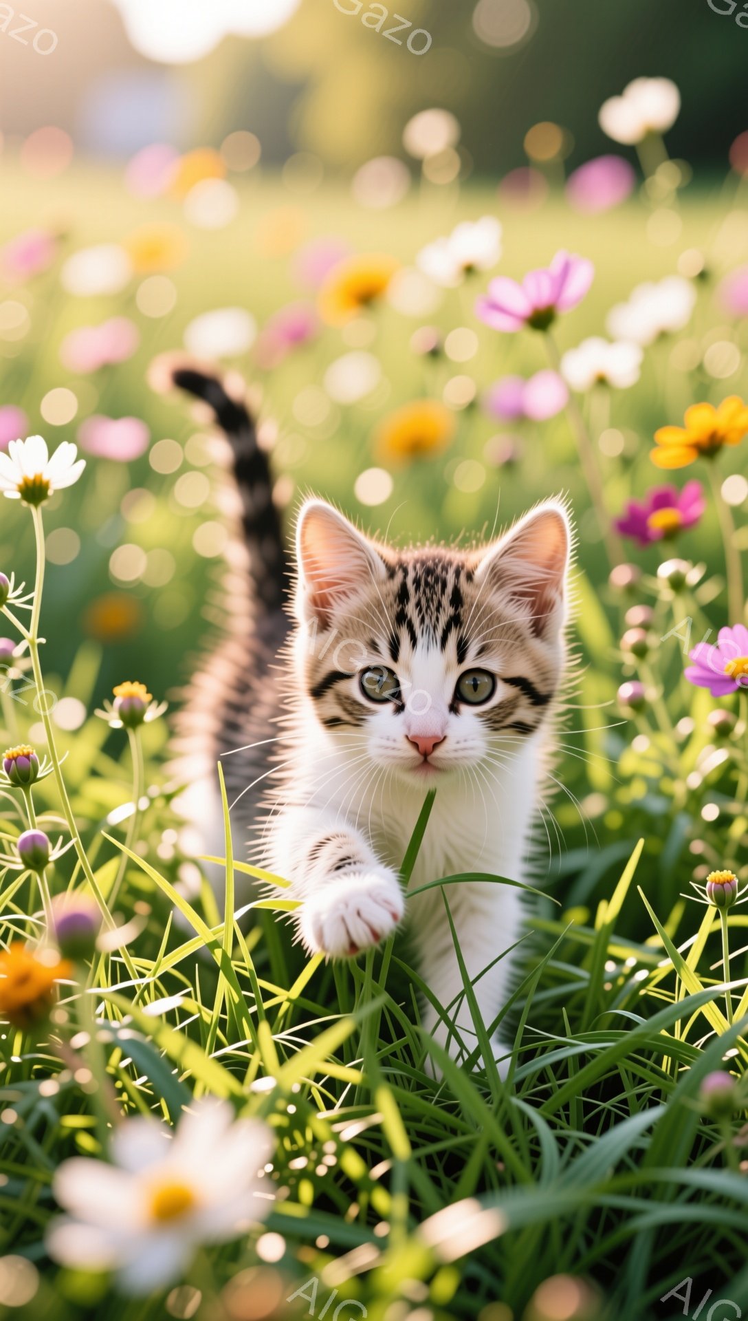 緑豊かな草花の合間に、子猫が前進している様子が捉えられています。 縞模様の毛並みと澄んだ瞳が可愛らしく、好奇心に満ちた表情で周囲を探索しています。 柔らかい光が差し込み、穏やかで優しい雰囲気を醸し出しています。