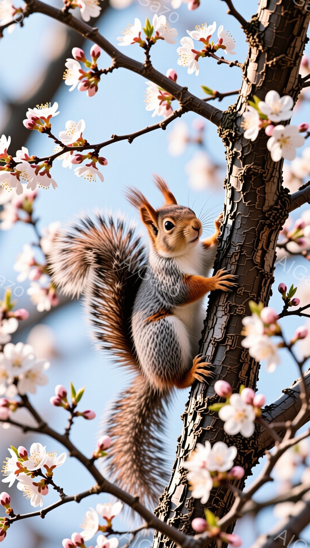 リスが桜の枝にしがみついています。ふさふさとした尾が特徴的で、背景には淡いピンク色の桜の花が咲き乱れ、春の暖かさを感じさせます。空は青く澄み渡り、リスの毛並みとのコントラストが美しいです。