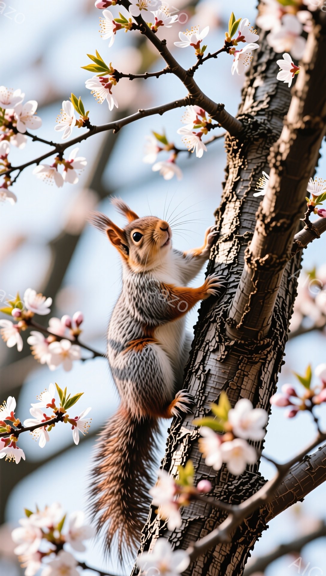 桜の木にリスがよじ登っている。リスは茶色と白の縞模様の毛並みで、前足を使い、木にしがみついている。背景には、淡いピンク色の桜の花が咲き乱れ、春の暖かさを感じさせる。