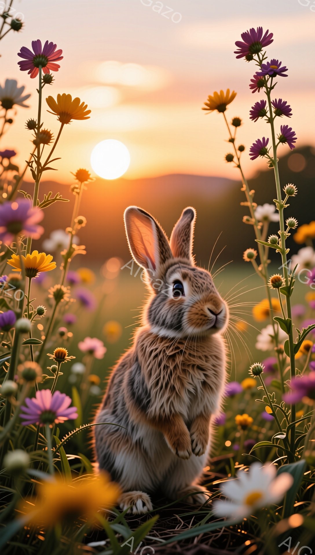夕焼けを背景に、野原で花に囲まれた可愛らしいウサギが正面を見つめている。毛並みは茶色と白で、つぶらな瞳が印象的だ。背景の空はオレンジとピンクのグラデーションで、温かく穏やかな雰囲気を醸し出している。