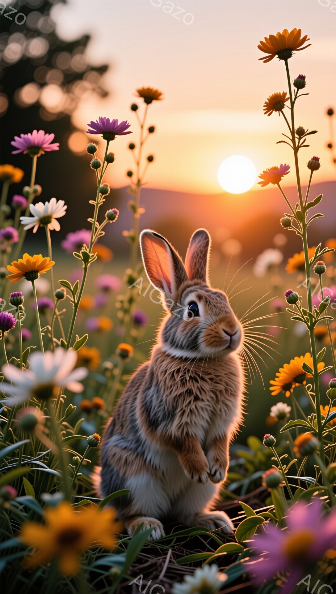 草原で花に囲まれた可愛らしいウサギが座っています。夕暮れ時の太陽が暖かく、穏やかな雰囲気を醸し出しています。ウサギは前を向き、好奇心に満ちた表情でこちらを見ています。