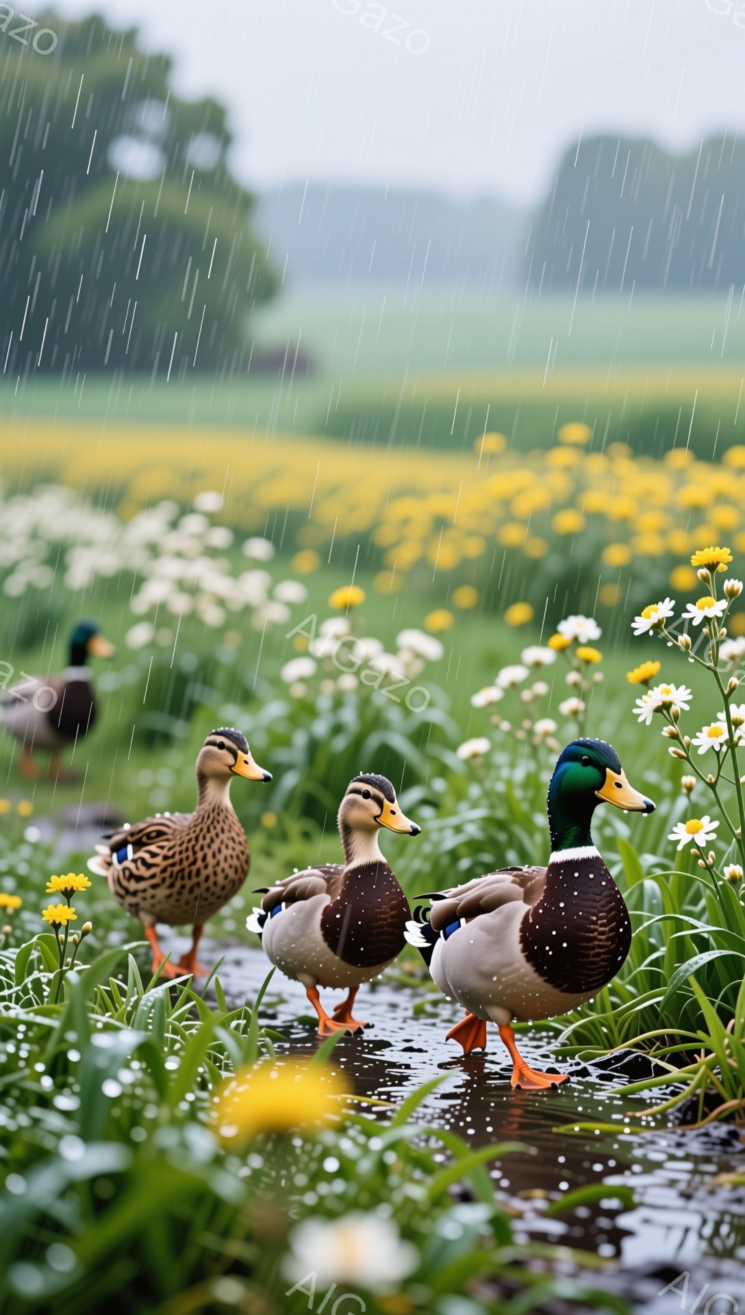 雨の降る中、アヒルたちが黄色い花畑を歩いている。アヒルの羽は濡れて輝き、周囲の花々とのコントラストが美しい。雨のしとしととした音と鮮やかな色彩が、穏やかで自然な雰囲気を醸し出している。