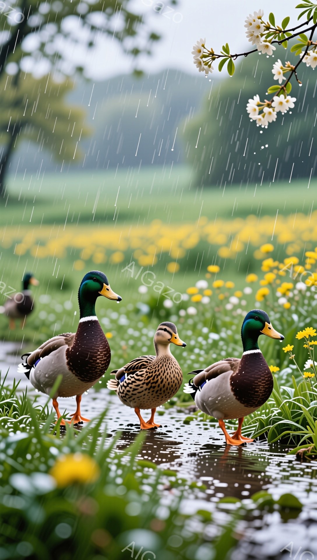 雨が降り注ぐ中、アヒルたちが黄色い花畑のそばの浅い水たまりに並んで立っています。背景にはぼやけた緑の景色と白い花が咲く木々が見え、春の憂鬱な雰囲気を醸し出しています。アヒルたちは濡れた羽毛を整えながら、静かに雨の時間を過ごしているようです。