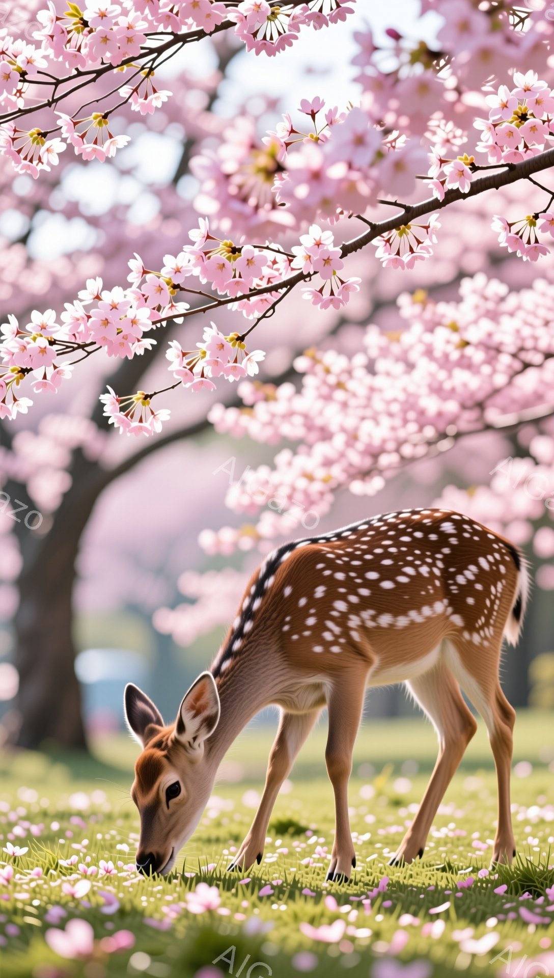 桜並木の下で、子鹿が草を食べている。春の柔らかい光が降り注ぎ、穏やかで優しい雰囲気が漂っている。ピンク色の花びらが舞い散り、夢のような風景を作り出している。