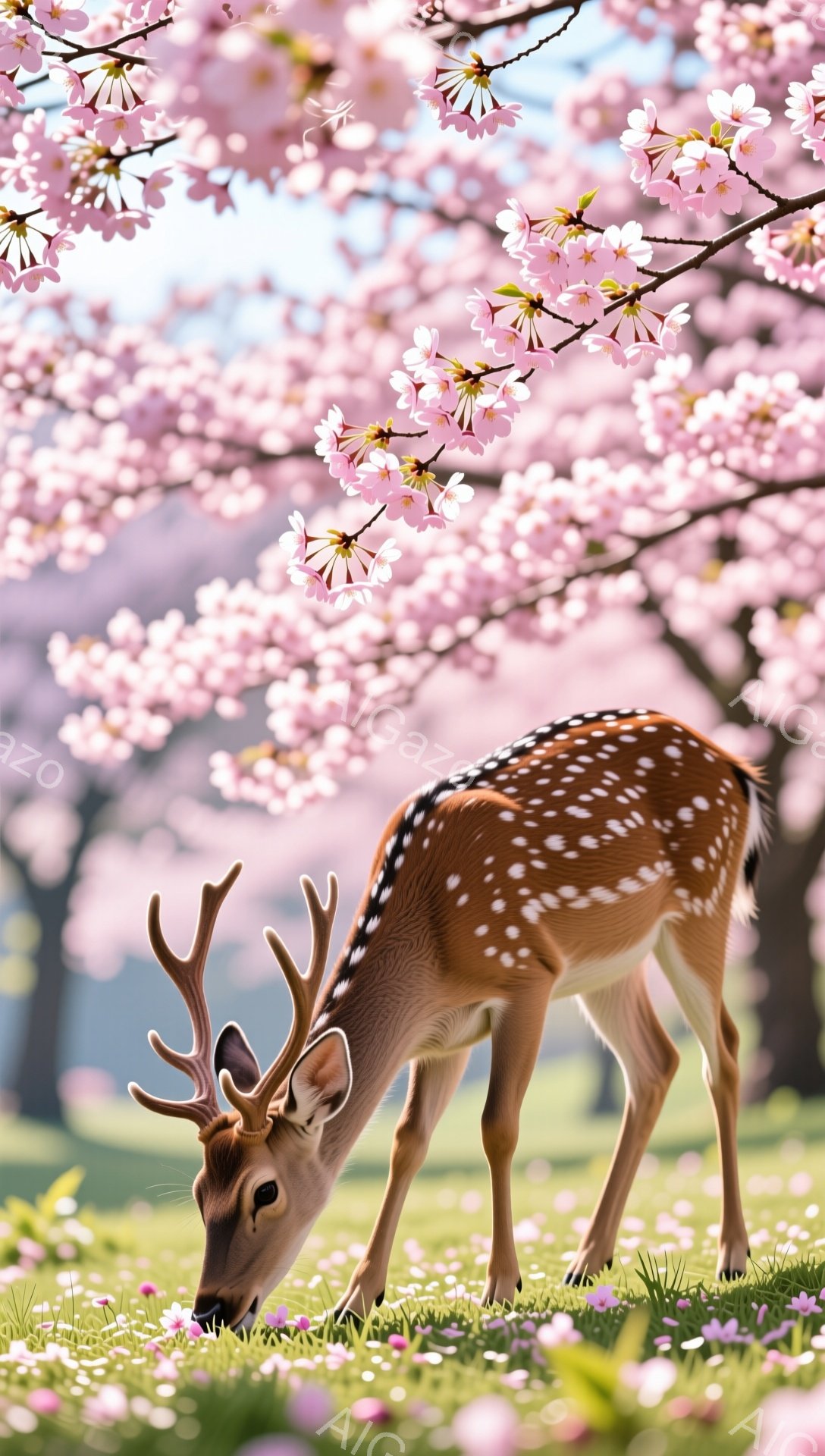 鹿が桜の咲き誇る草原で草を食べている。春の柔らかな日差しが降り注ぎ、穏やかな雰囲気が漂っている。ピンク色の桜の花びらが舞い散り、幻想的な風景を作り出している。