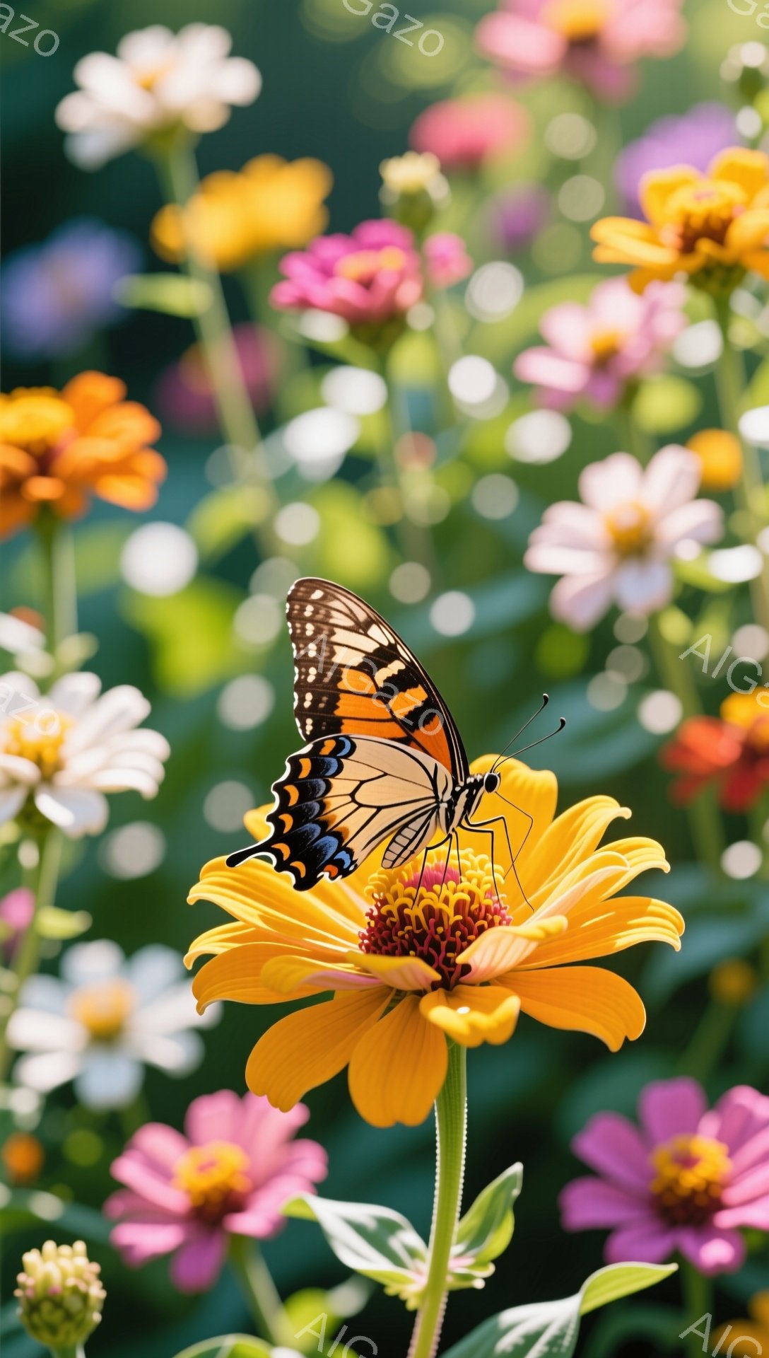 鮮やかな黄色い花に黒い縞模様の蝶がとまっています。背景にはさまざまな色の花が咲き乱れ、夏の庭の活気を感じさせます。柔らかい光が全体を照らし、穏やかで平和な雰囲気を醸し出しています。 - AI生成フリー素材