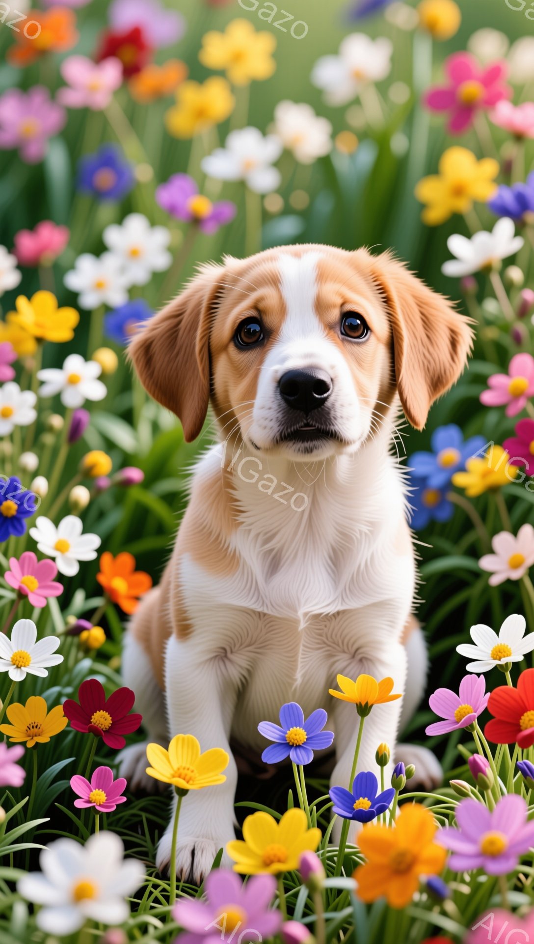 小さな子犬が花畑の中に座っています。子犬はクリーム色と茶色の毛並みで、好奇心旺盛な表情をしています。背景は様々な色の花で満たされ、春らしい穏やかな雰囲気です。 - AI生成フリー素材