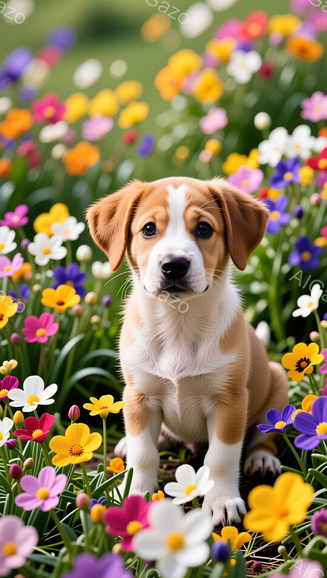 鮮やかな花畑に子犬が座っています。明るい日差しの中で、子犬はカメラに向かって少し上目遣いに微笑んでいます。背景の花々は、春らしい暖かく優しい雰囲気を醸し出しています。 - AI生成フリー素材