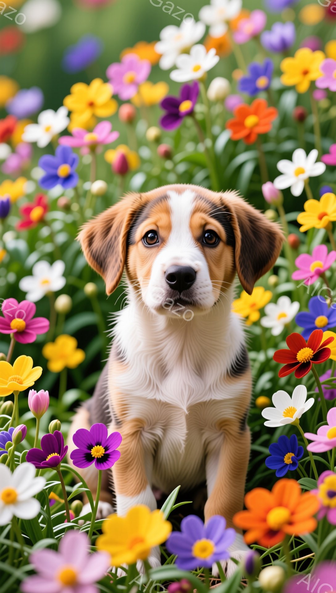 可愛らしい子犬が、色とりどりの花に囲まれて座っています。子犬は明るい表情で、こちらを見つめています。背景の花々は鮮やかで、春の暖かさを感じさせる雰囲気です。 - AI生成フリー素材